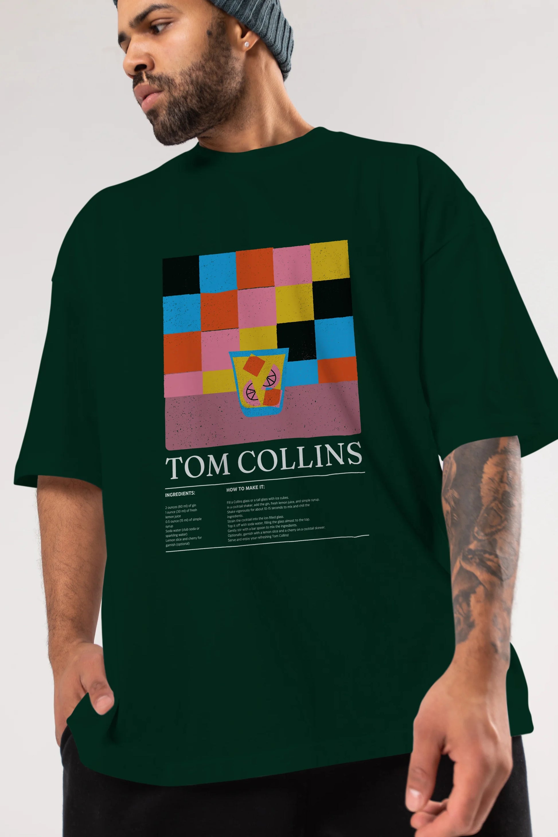 Tom Collins Kokteyl Ön Baskılı Oversize t-shirt Erkek Kadın %100 Pamuk Bisiklet Yaka tişort