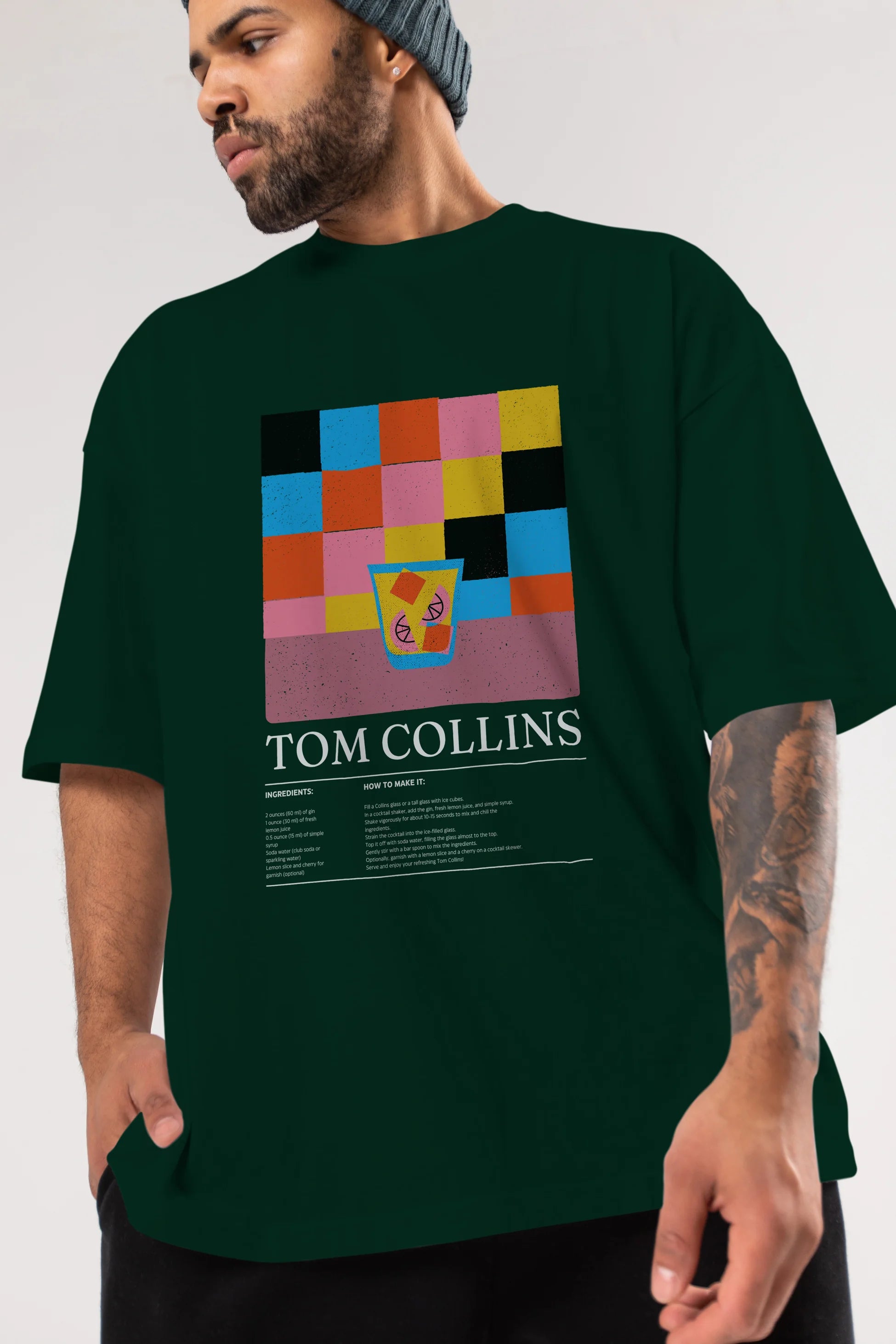 Tom Collins Kokteyl Ön Baskılı Oversize t-shirt Erkek Kadın %100 Pamuk Bisiklet Yaka tişort
