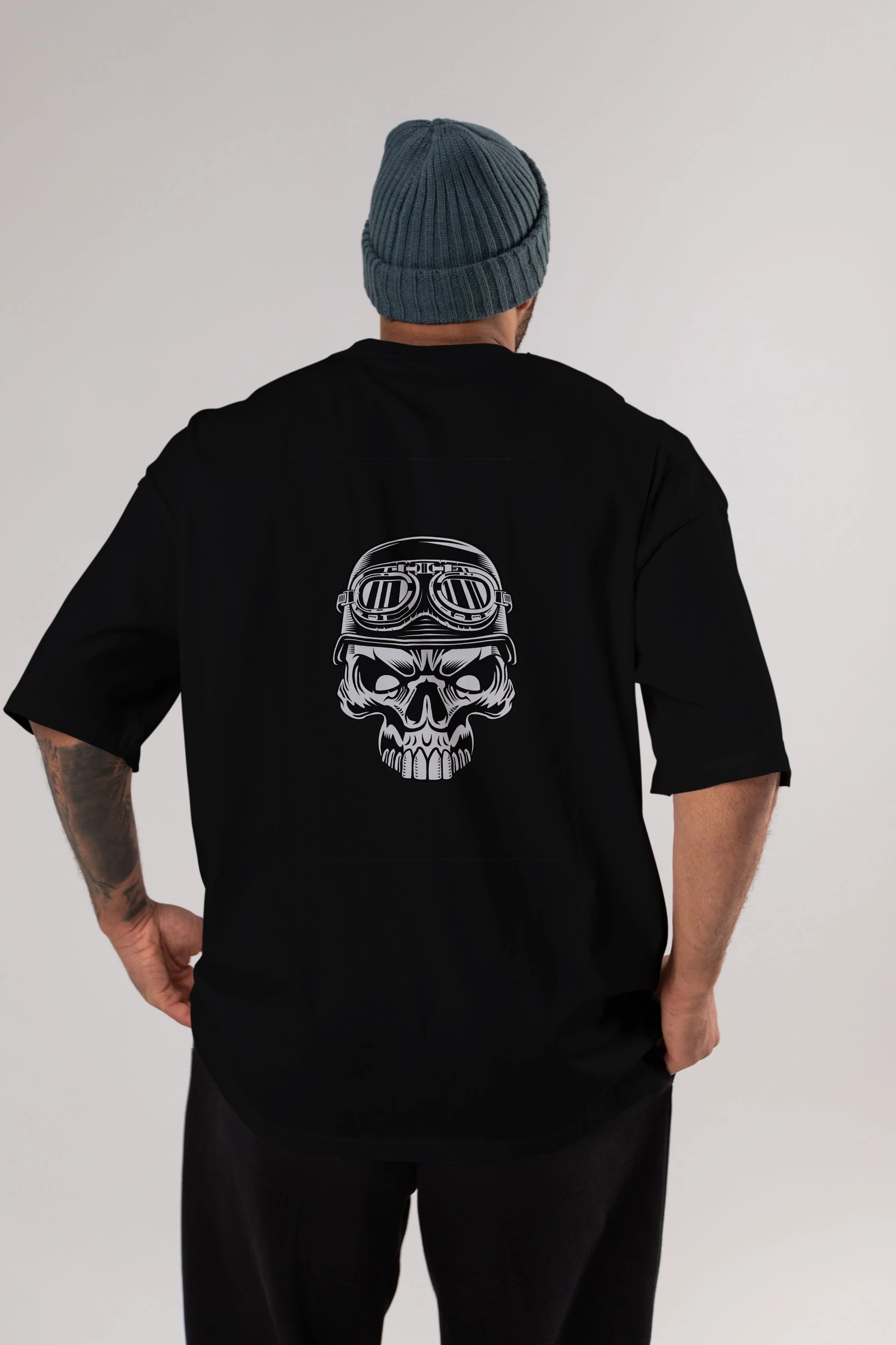 Biker Skull Helmet Arka Baskılı Oversize t-shirt Erkek Kadın Unisex %100 Pamuk tişort