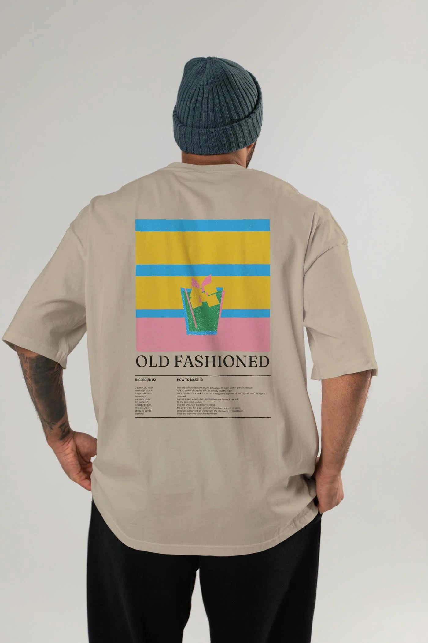 Old Fashioned Kokteyl Serisi Arka Baskılı Oversize t-shirt Erkek Kadın %100 Pamuk Bisiklet Yaka tişort