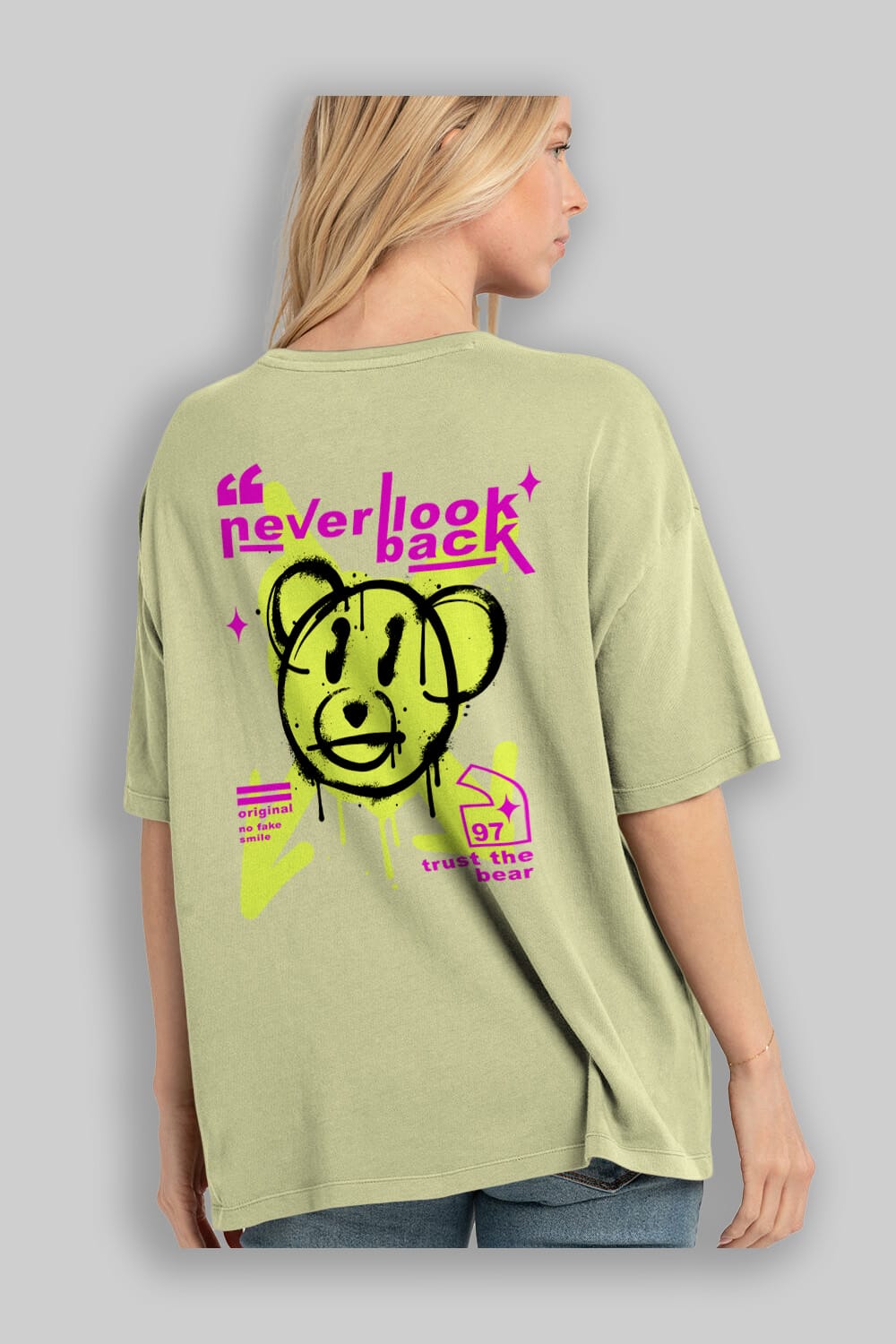 Never Look Back Bear Arka Baskılı Oversize t-shirt Erkek Kadın Unisex