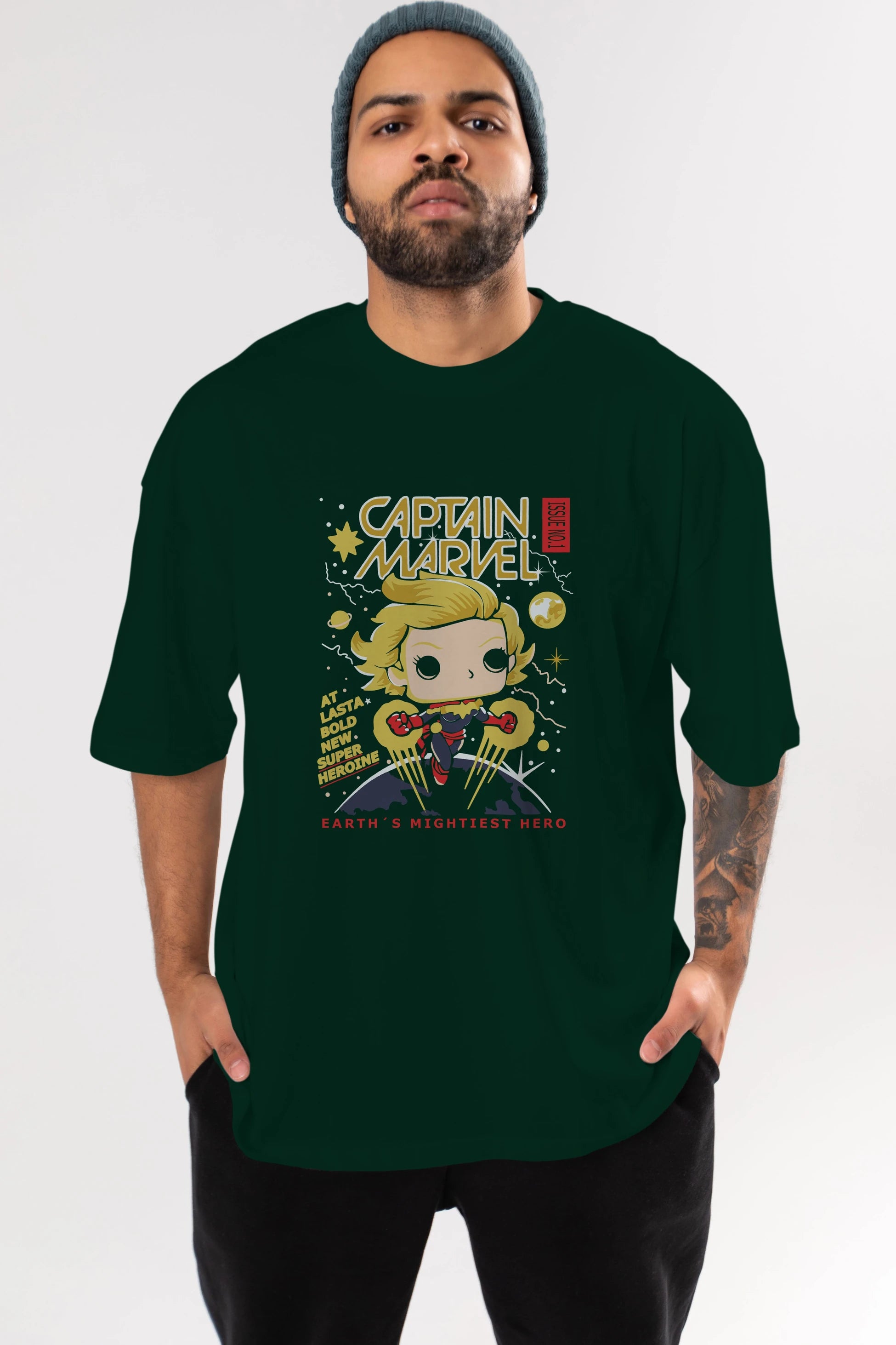 Captain Marvel Ön Baskılı Oversize t-shirt Erkek Kadın Unisex %100 Pamuk Bisiklet Yaka tişort