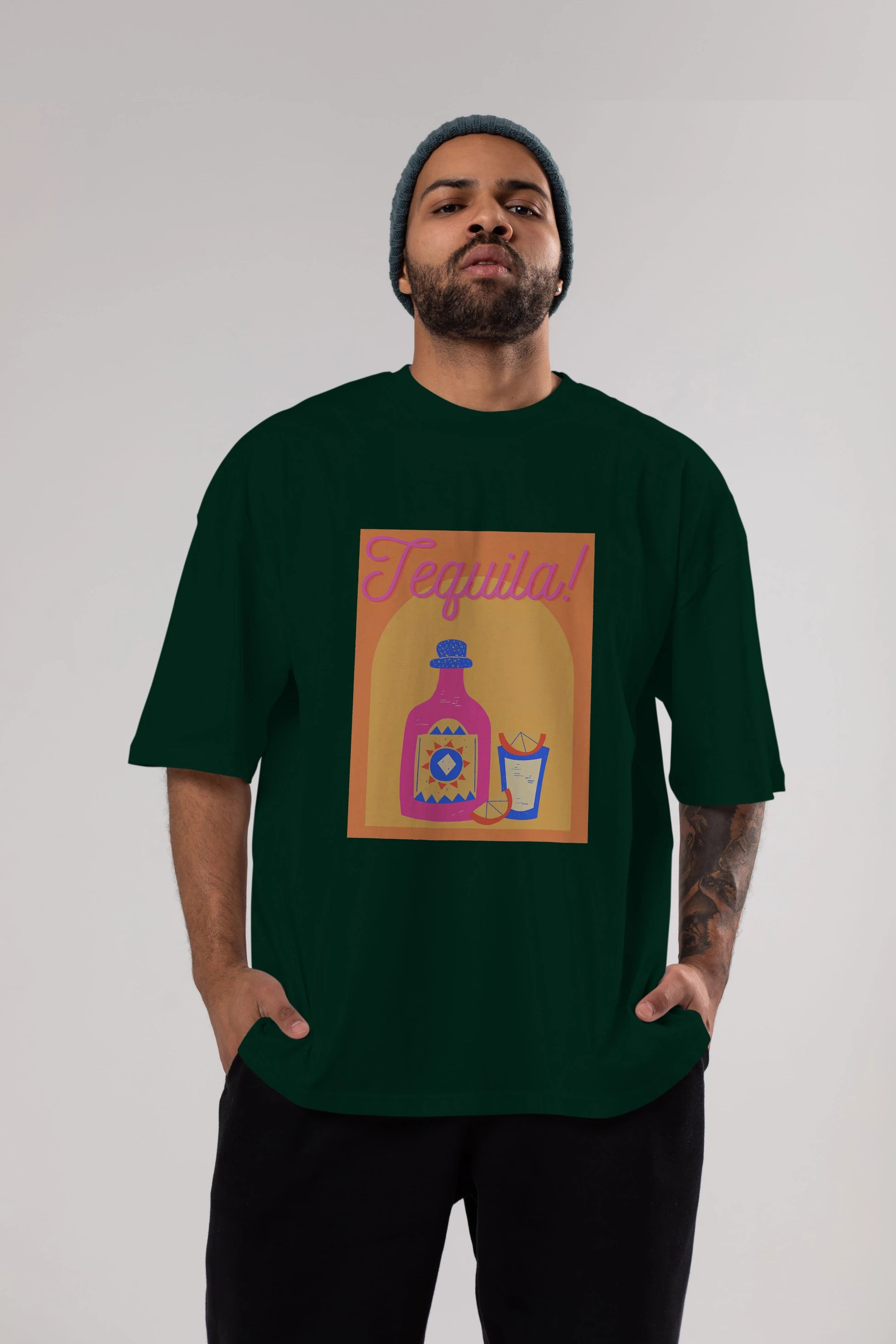 Tequila Ön Baskılı Oversize t-shirt Erkek Kadın Unisex %100 Pamuk Bisiklet Yaka tişort
