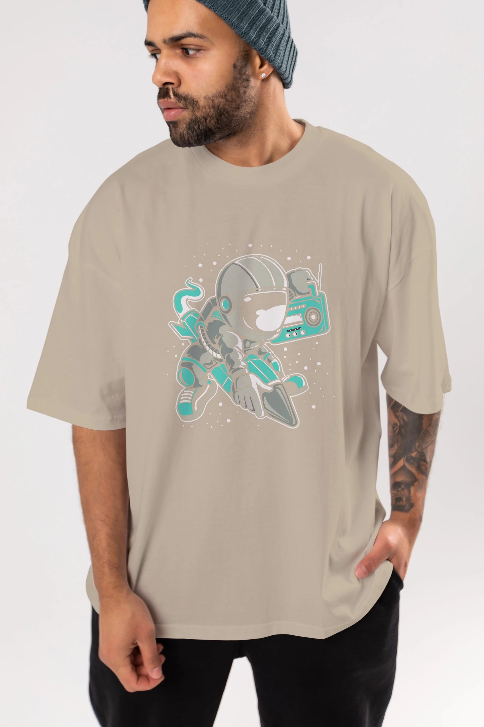 Astronaut Rocket (2) Ön Baskılı Oversize t-shirt Erkek Kadın Unisex