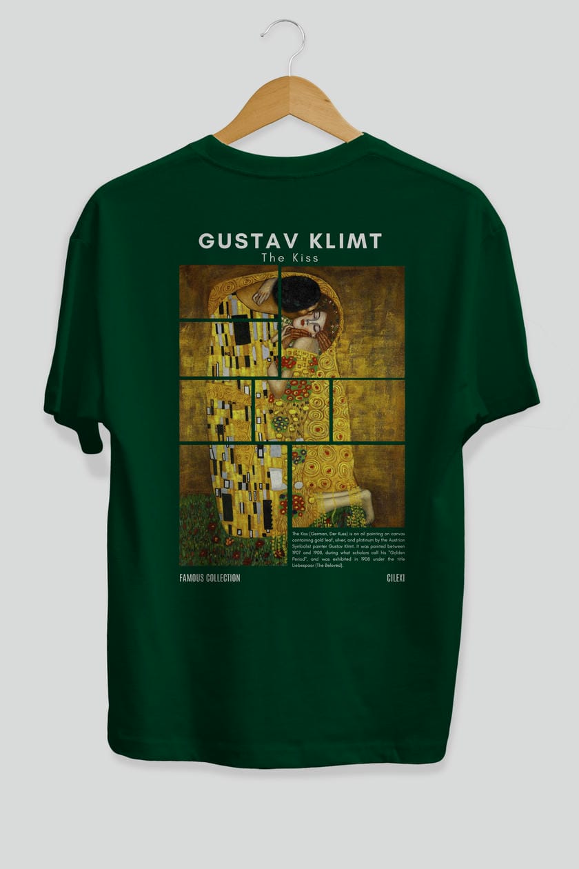 Gustav Klimt The Kiss Arka Baskılı Oversize t-shirt Erkek Kadın Bisiklet Yaka Pamuk tişort