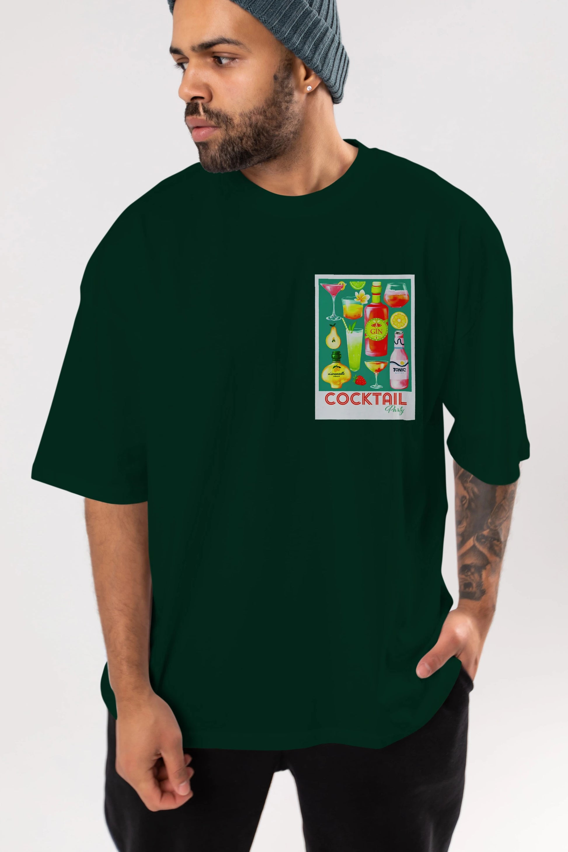 Cocktail Party 2 Ön Sol Baskılı Oversize t-shirt Erkek Kadın Unisex %100 Pamuk Bisiklet Yaka tişort