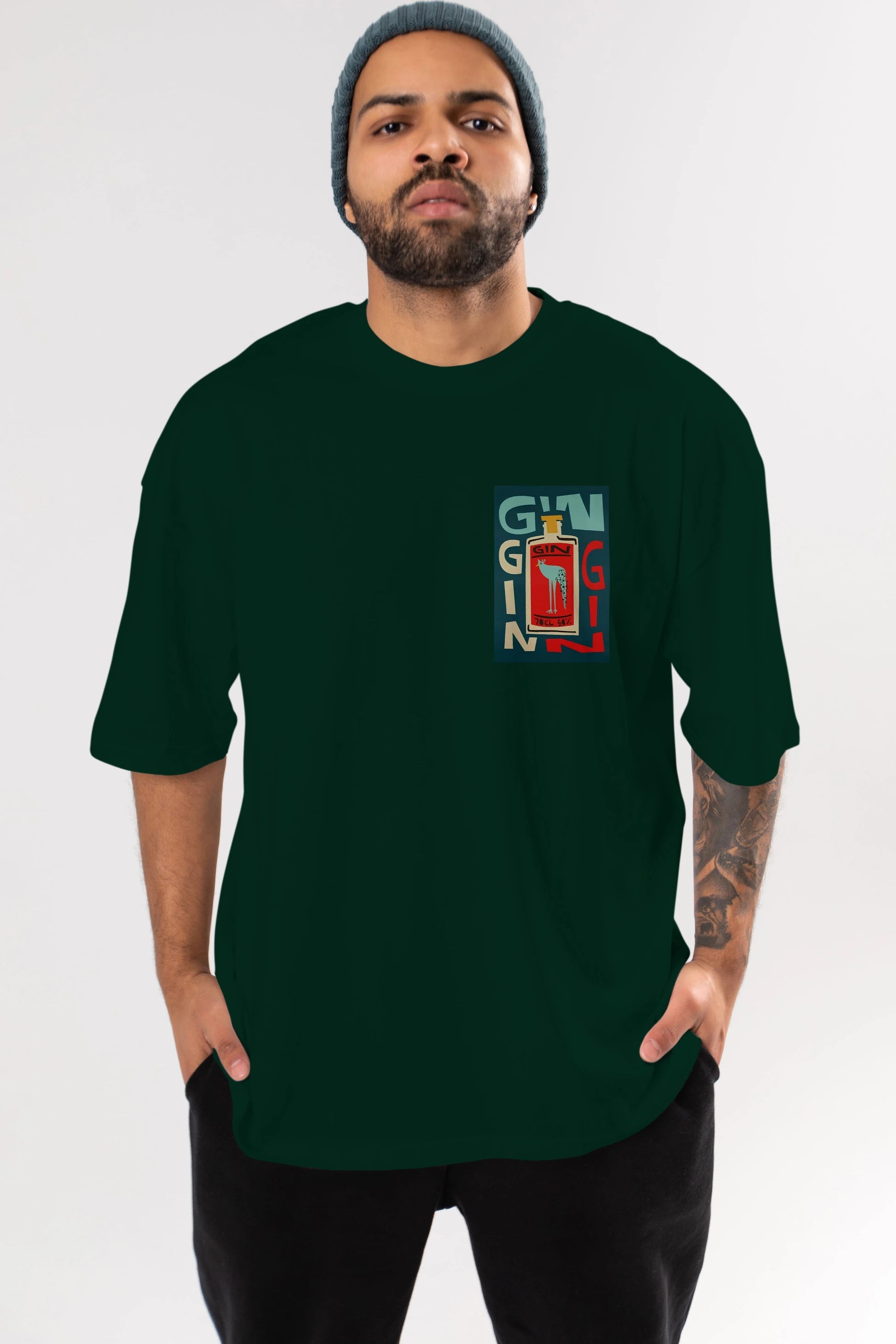 Gin 2 Ön Sol Baskılı Oversize t-shirt Erkek Kadın Unisex %100 Pamuk Bisiklet Yaka tişort