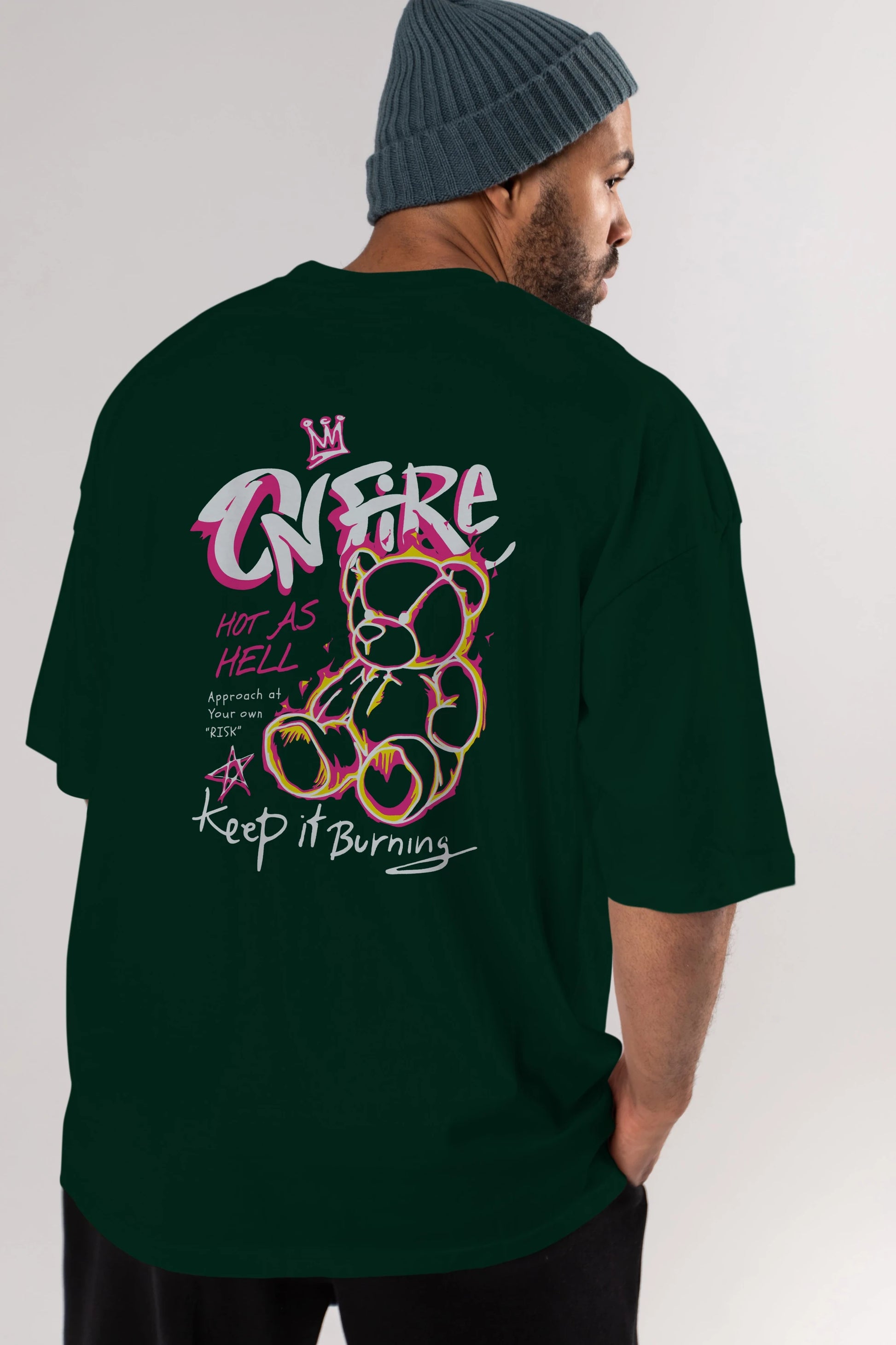 On Fire Bear Arka Baskılı Oversize t-shirt Erkek Kadın Unisex