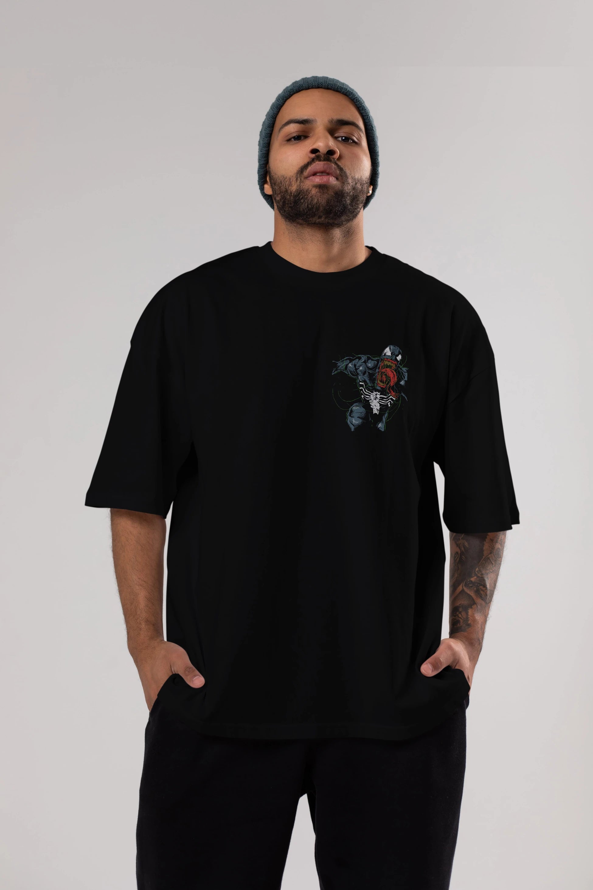 Venom (6) Ön Sol Baskılı Oversize t-shirt Erkek Kadın Unisex %100 Pamuk Bisiklet Yaka tişort