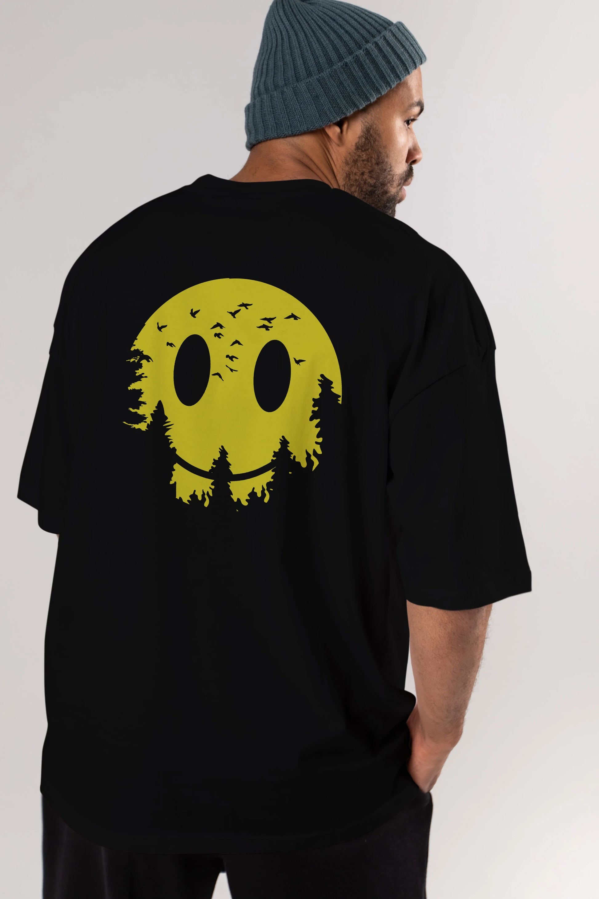 Smiley Moon Arka Baskılı Oversize t-shirt %100 pamuk Erkek Kadın Unisex