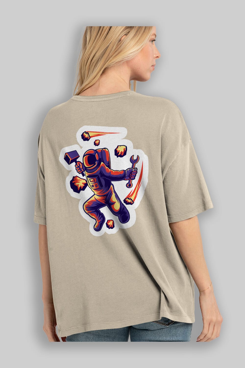 Astronaut Block Meteor Sticker Arka Baskılı Oversize t-shirt Erkek Kadın Unisex
