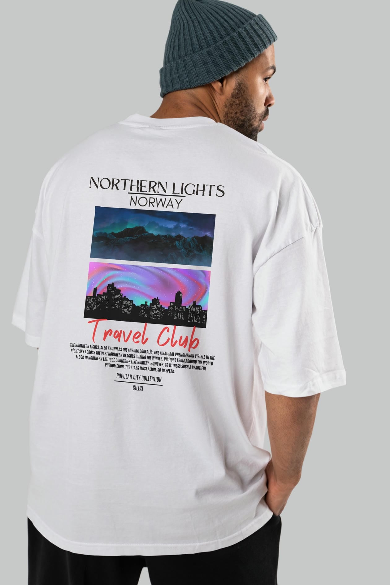 Northern Lights Norway Arka Baskılı Oversize t-shirt Erkek Kadın Pamuk Bisiklet Yaka tişort