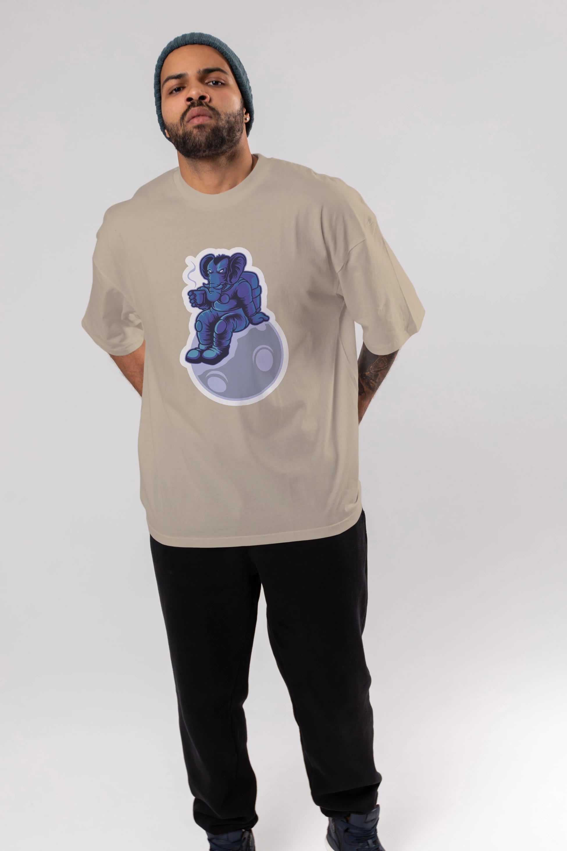 Space Elephant Drink Coffee Sticker Ön Baskılı Oversize t-shirt Erkek Kadın Unisex