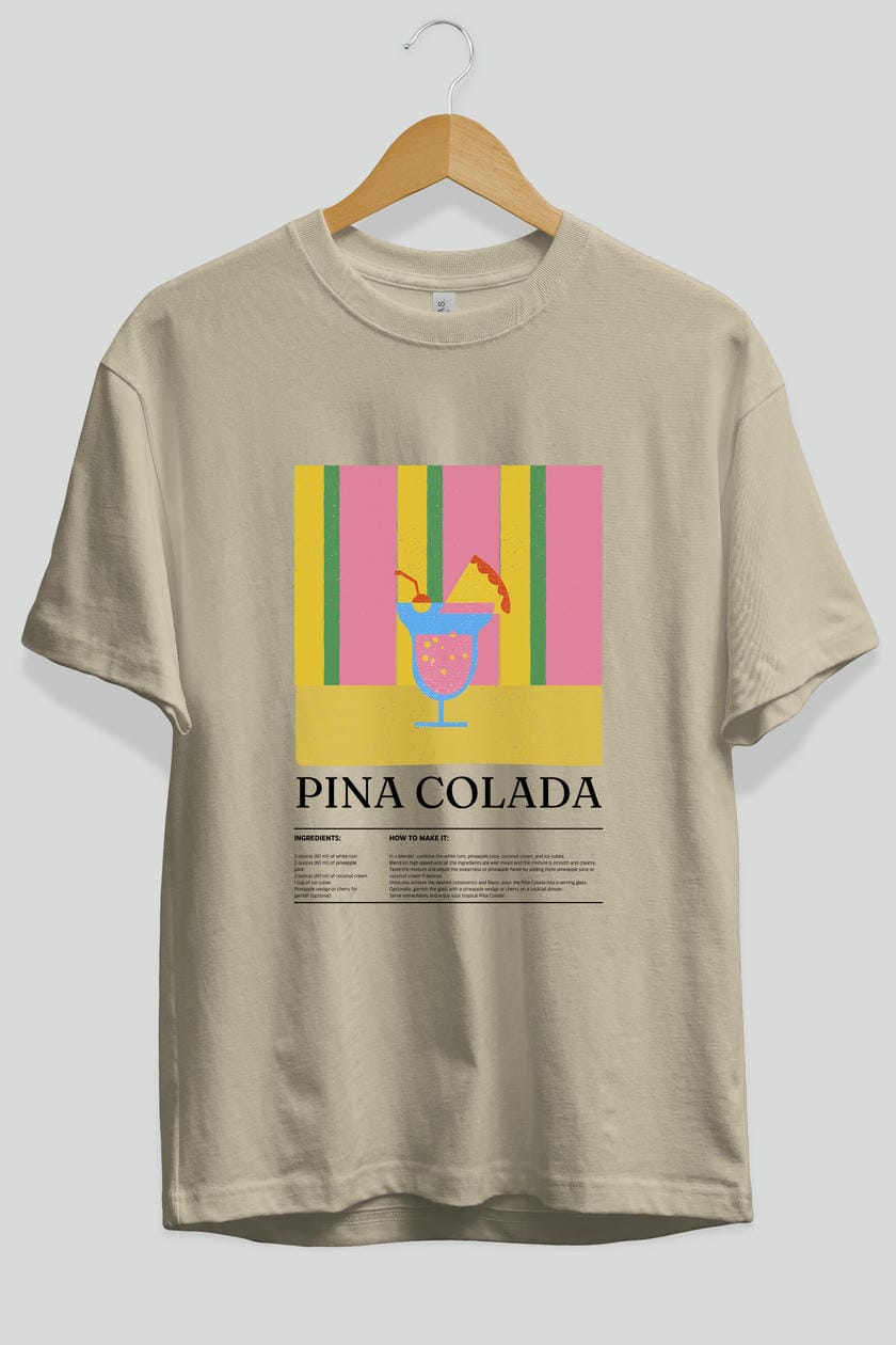 Pina Colada Kokteyl Ön Baskılı Oversize t-shirt Erkek Kadın %100 Pamuk Bisiklet Yaka tişort