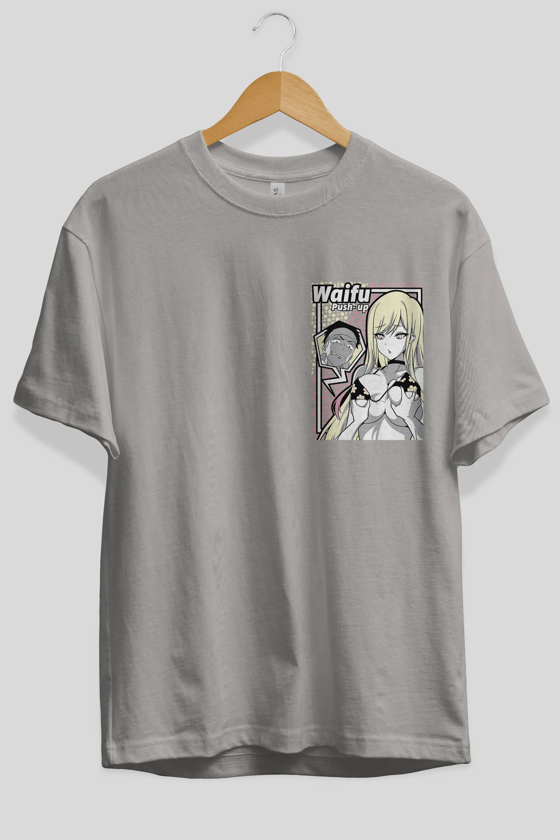 Waifu PushUp Ön Sol Baskılı Oversize t-shirt Erkek Kadın Unisex %100 Pamuk Bisiklet Yaka tişort