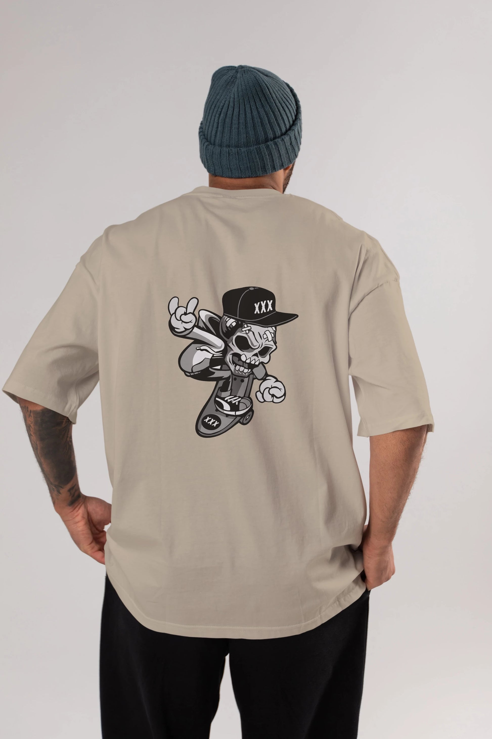 Skull Skateboard Arka Baskılı Oversize t-shirt Erkek Kadın Unisex %100 Pamuk tişort