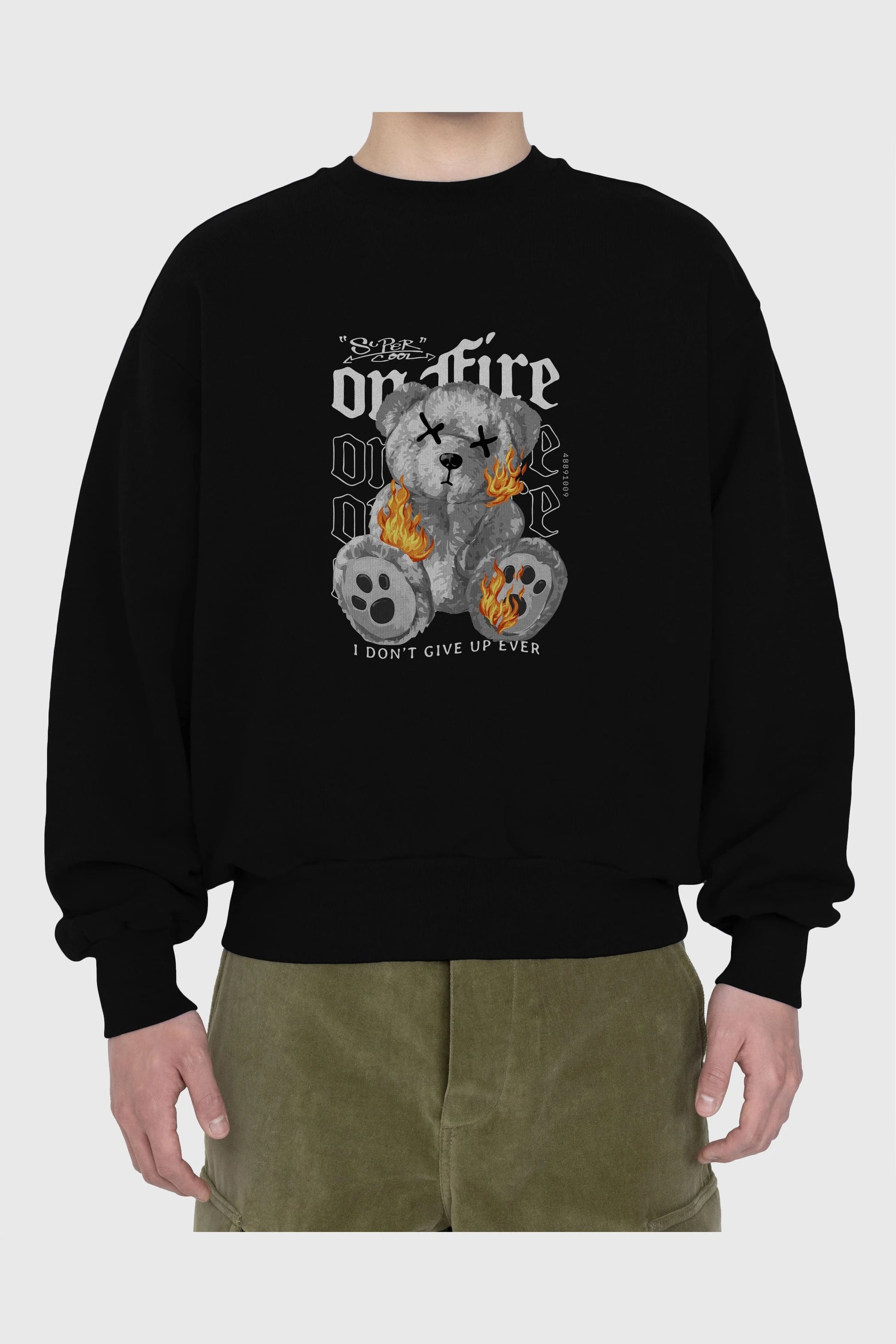 Teddy Bear On Fire Ön Baskılı Oversize Sweatshirt Erkek Kadın Unisex