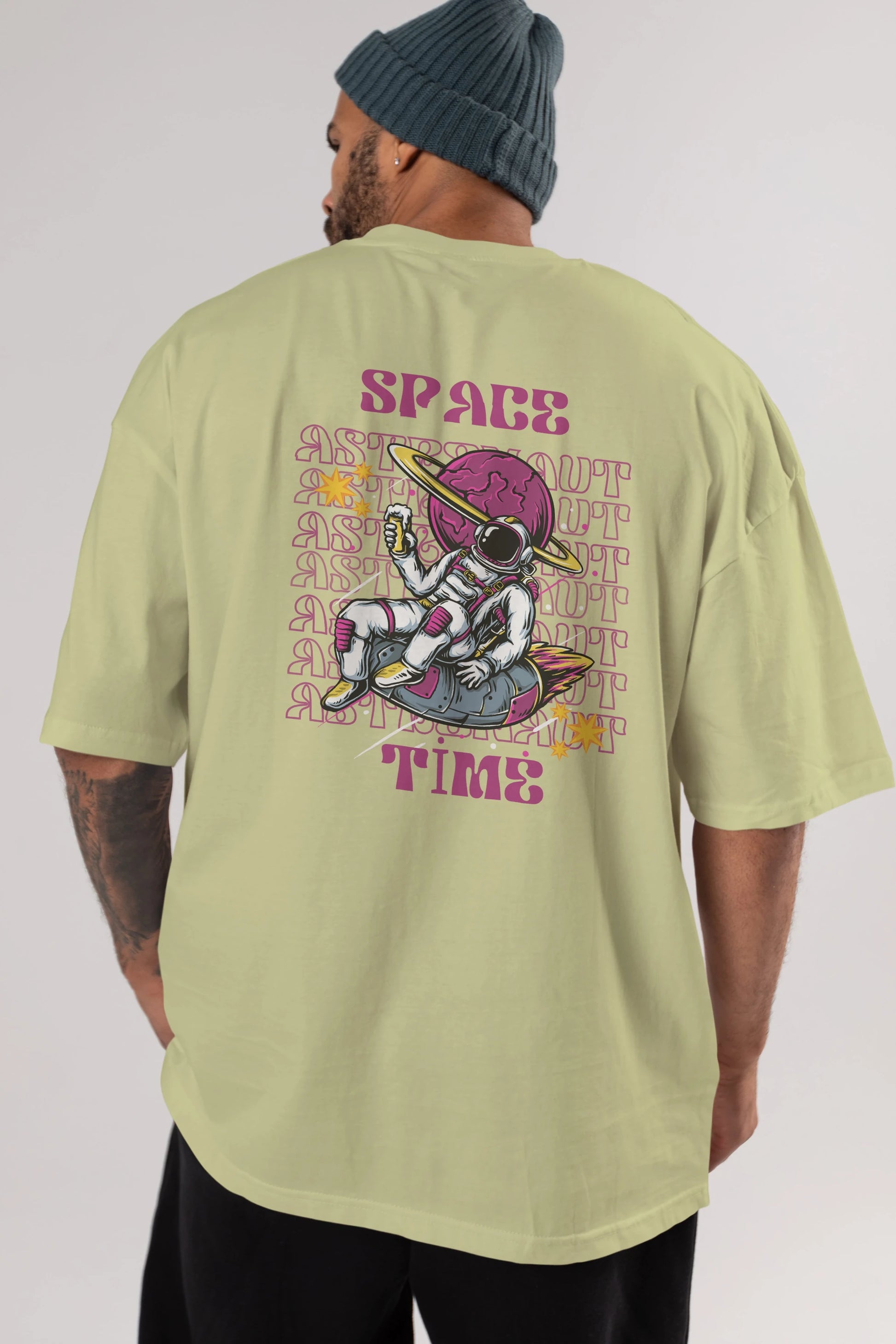 Space Time Astronaut Yazılı Arka Baskılı Oversize t-shirt Erkek Kadın Unisex