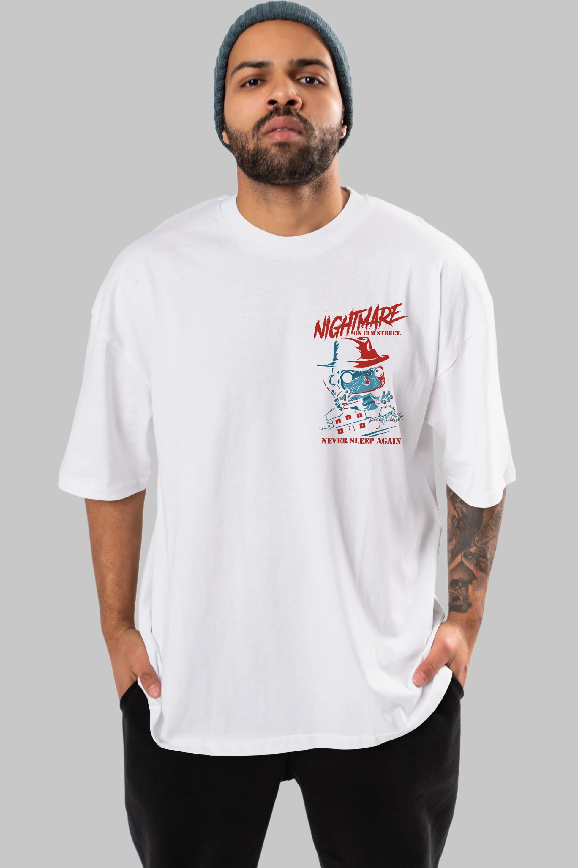 Nightmare Elm Sokağı Ön Sol Baskılı Oversize t-shirt Erkek Kadın Unisex %100 Pamuk Bisiklet Yaka tişort