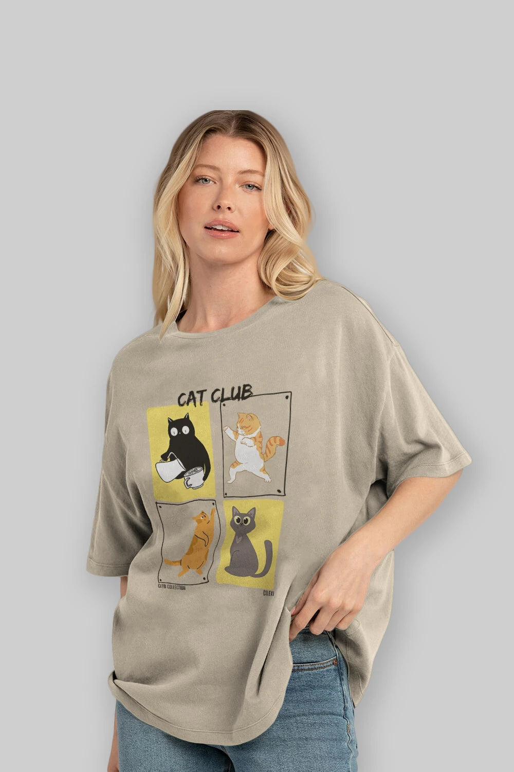Cat Club ön Baskılı Oversize t-shirt Erkek Kadın %100 Pamuk Bisiklet Yaka tişort
