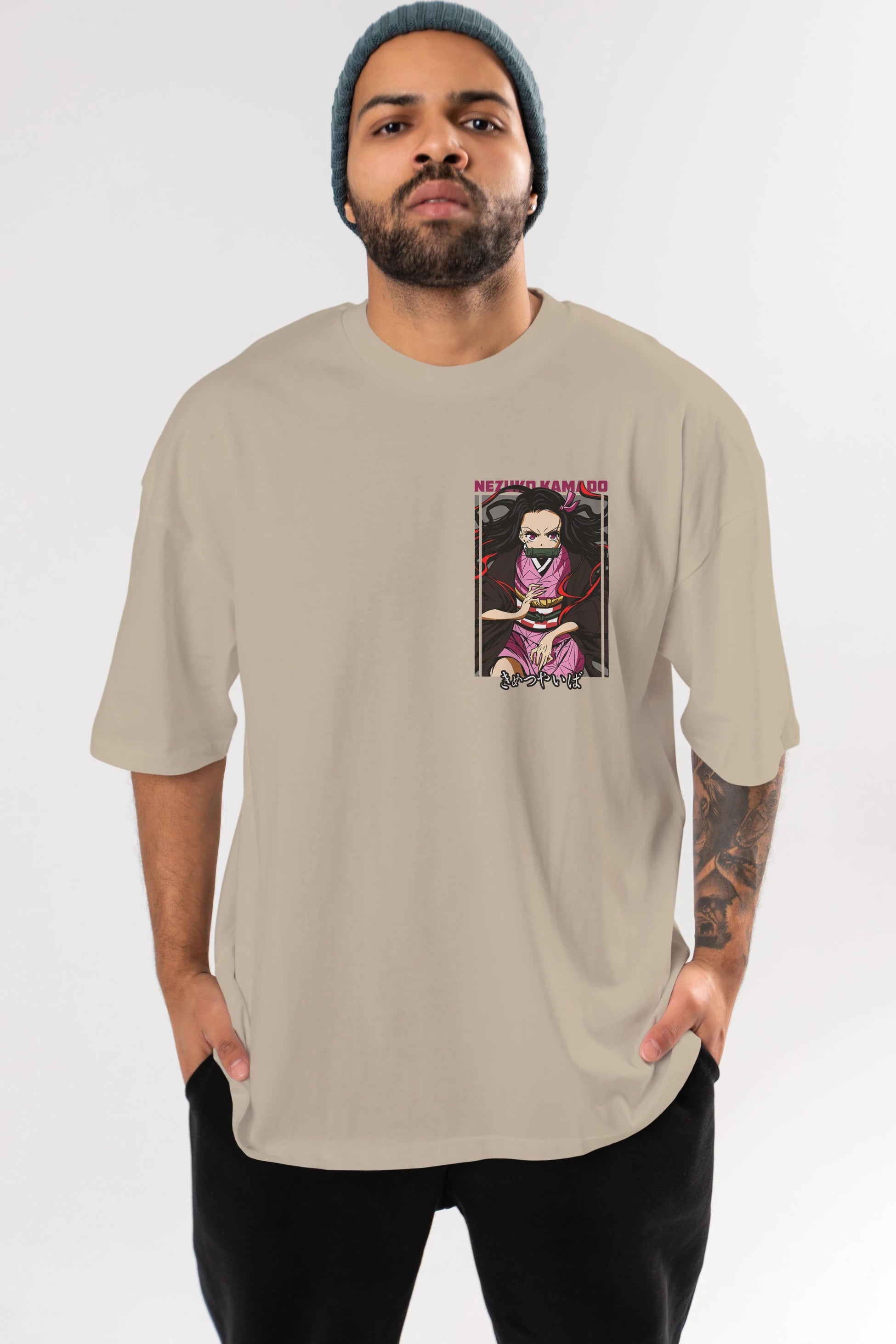 Nezuko Kamado 1 Ön Sol Baskılı Oversize t-shirt Erkek Kadın Unisex %100 Pamuk Bisiklet Yaka tişort