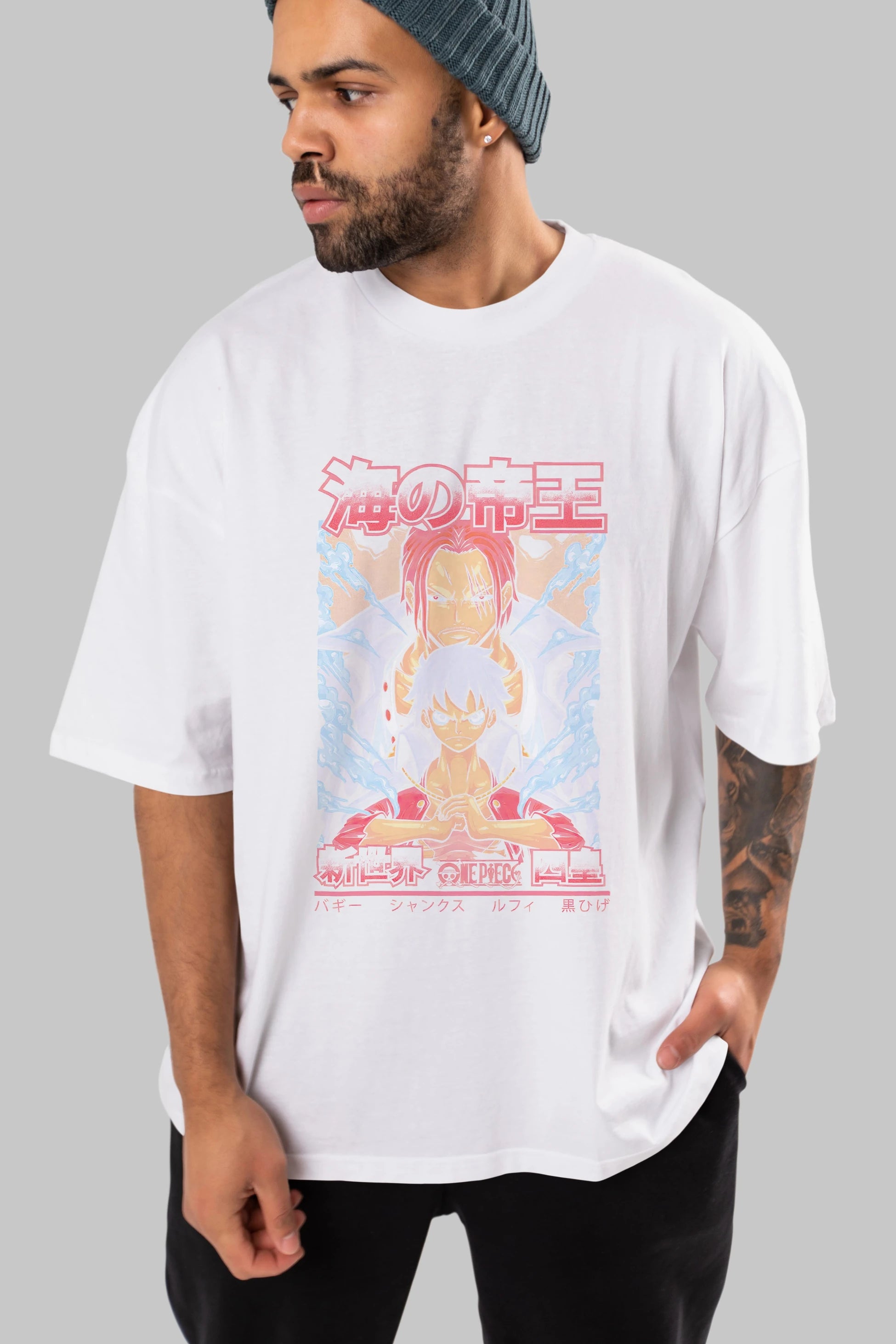 MONKEY D. LUFF and SHANKS Anime Ön Baskılı Oversize t-shirt %100 pamuk Erkek Kadın Unisex
