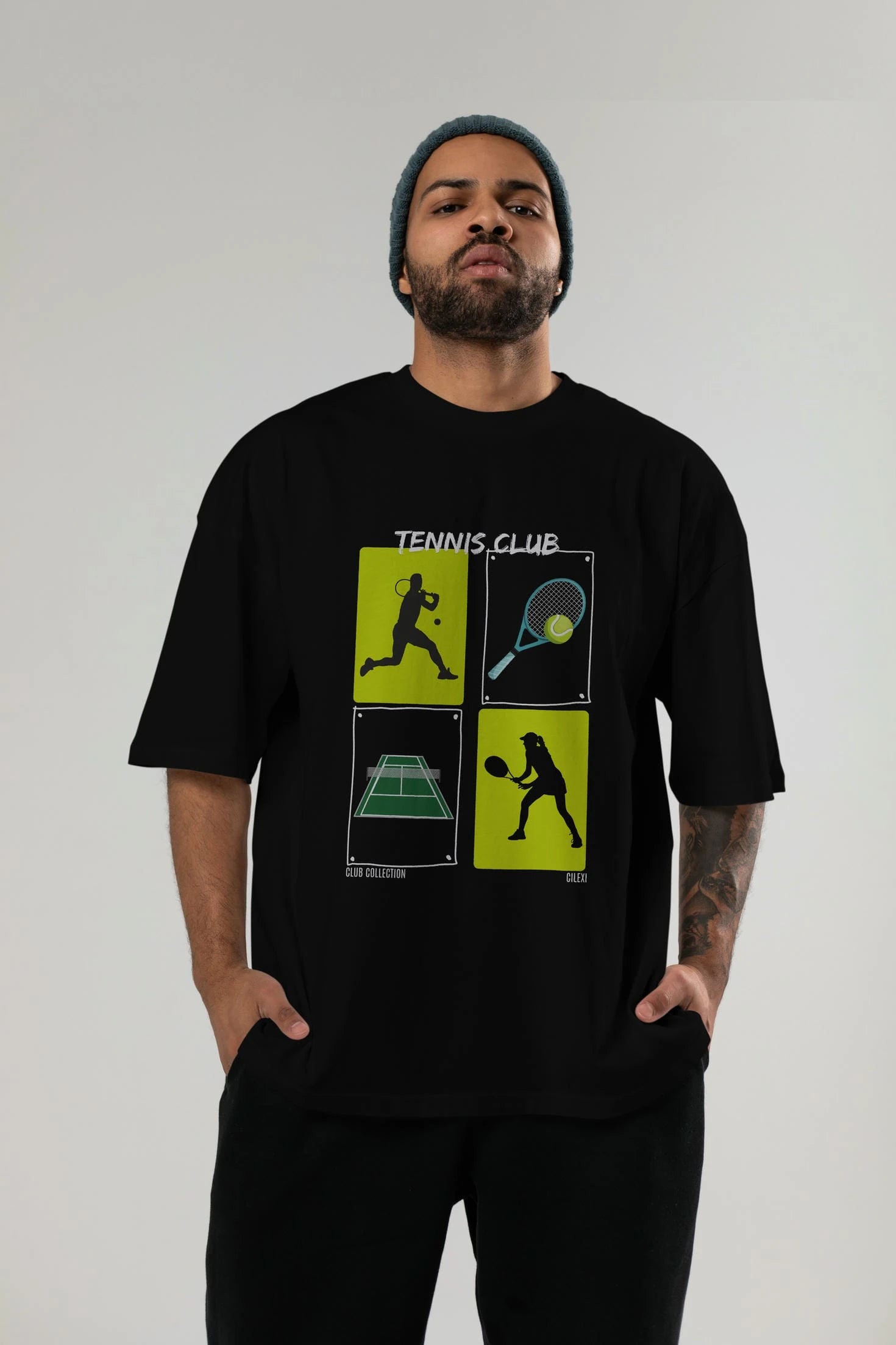 Tennis Club ön Baskılı Oversize t-shirt Erkek Kadın %100 Pamuk Bisiklet Yaka tişort