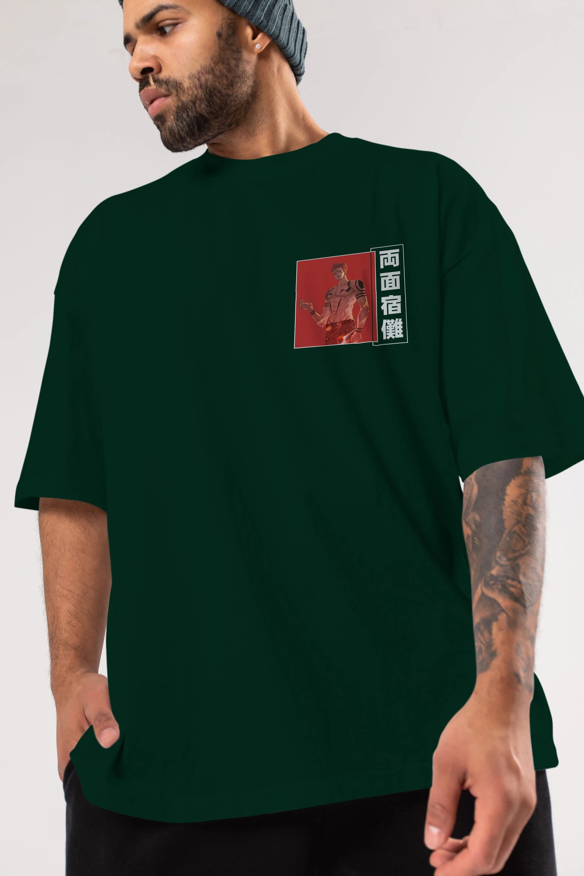 Sukuna Ryoumen 3 Ön Sol Baskılı Oversize t-shirt Erkek Kadın Unisex %100 Pamuk Bisiklet Yaka tişort