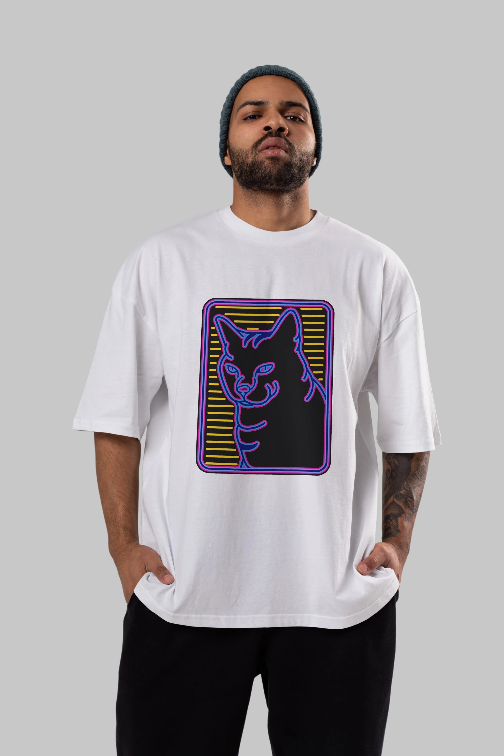 Neon Cat Ön Baskılı Oversize t-shirt Erkek Kadın Unisex