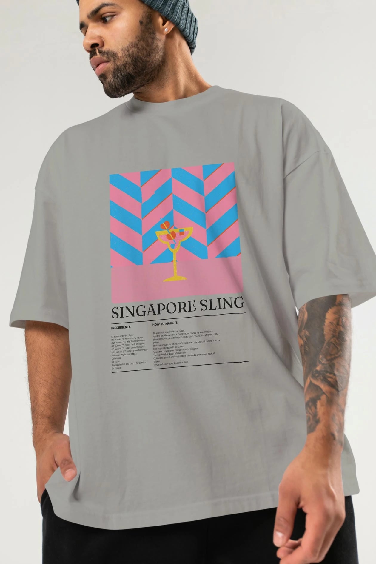 Sıngapore Sling Kokteyl Ön Baskılı Oversize t-shirt Erkek Kadın %100 Pamuk Bisiklet Yaka tişort