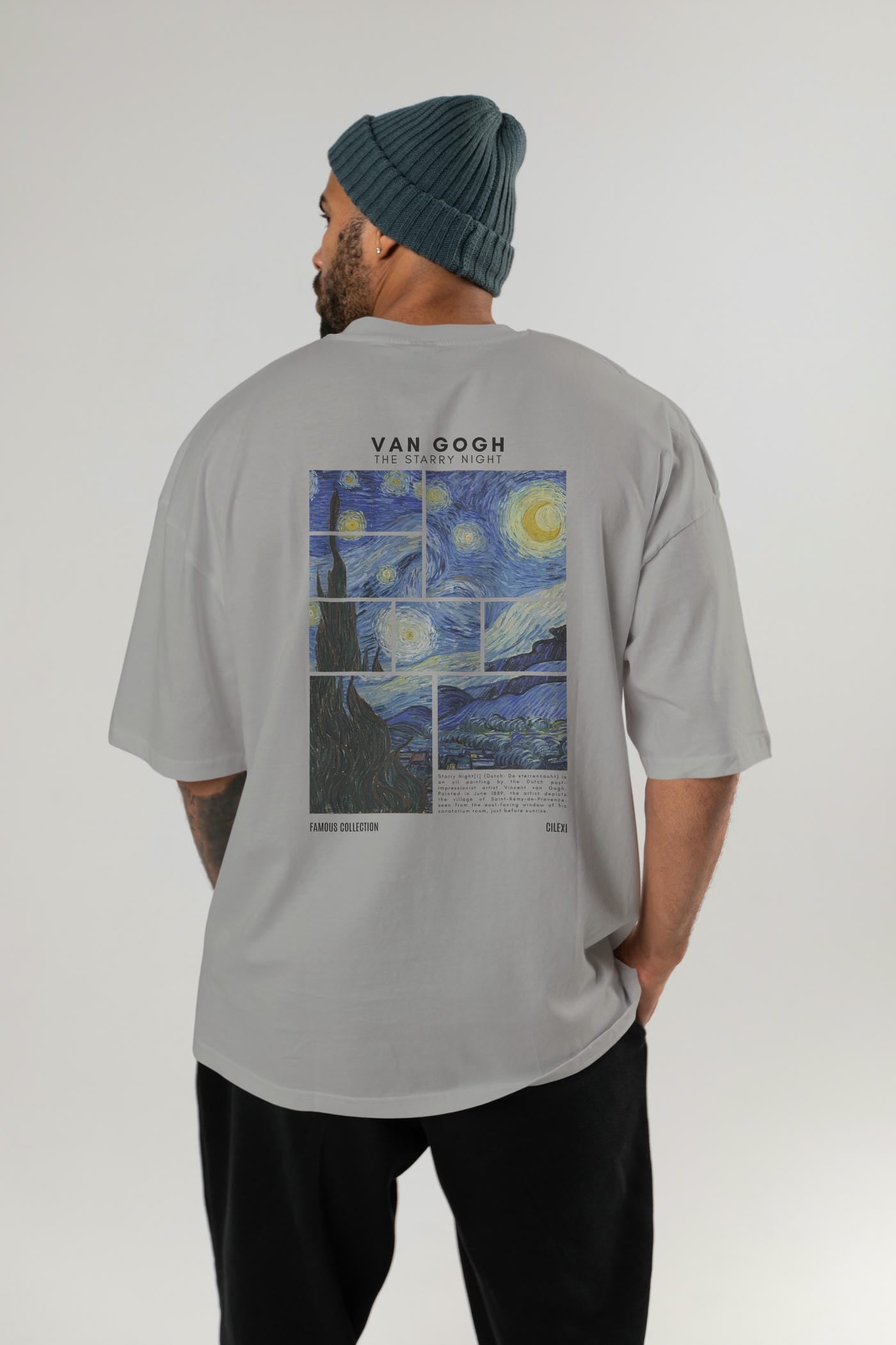Van Gogh The Starry Night Arka Baskılı Oversize t-shirt Erkek Kadın Bisiklet Yaka Pamuk tişort