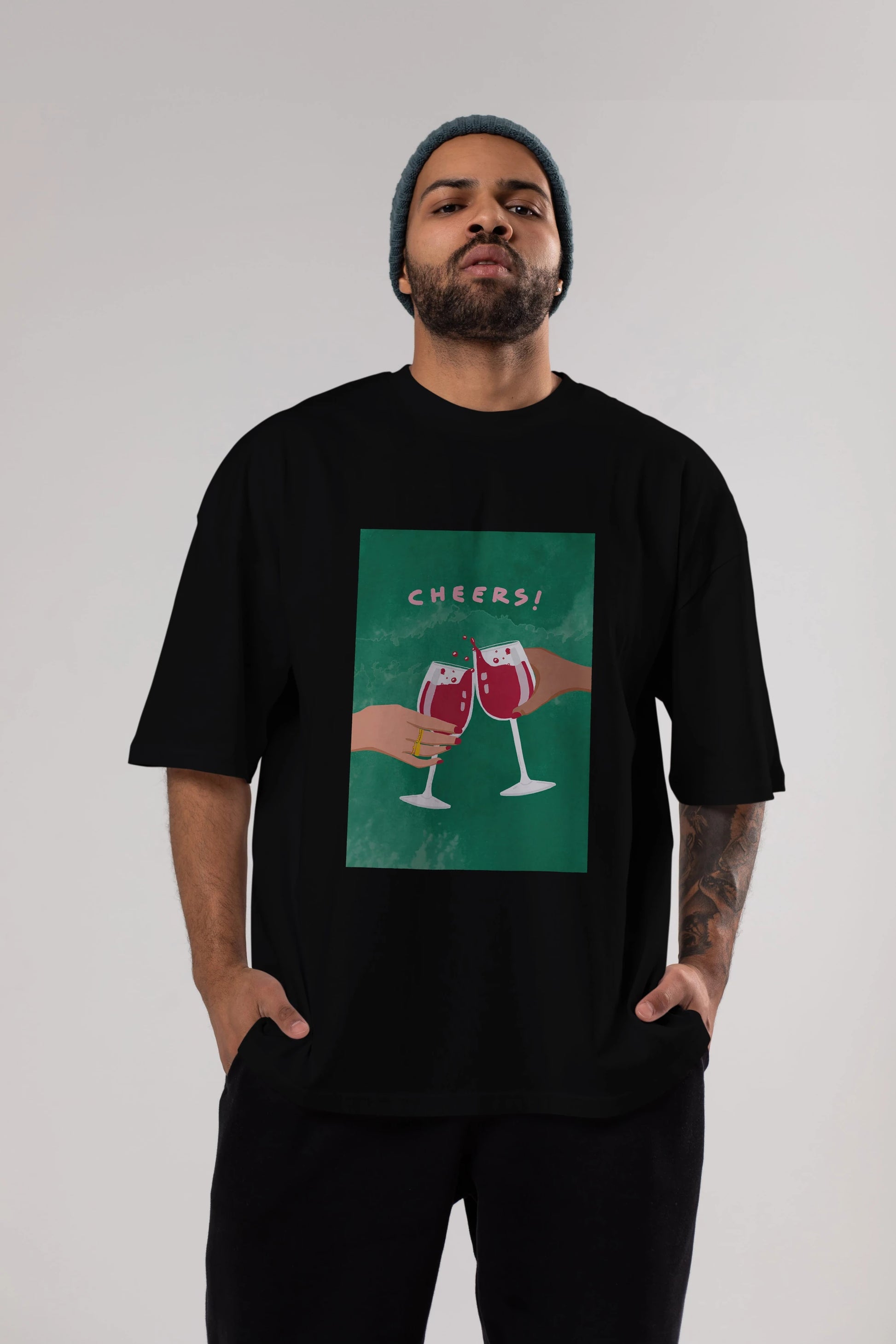 Cheers Ön Baskılı Oversize t-shirt Erkek Kadın Unisex %100 Pamuk Bisiklet Yaka tişort