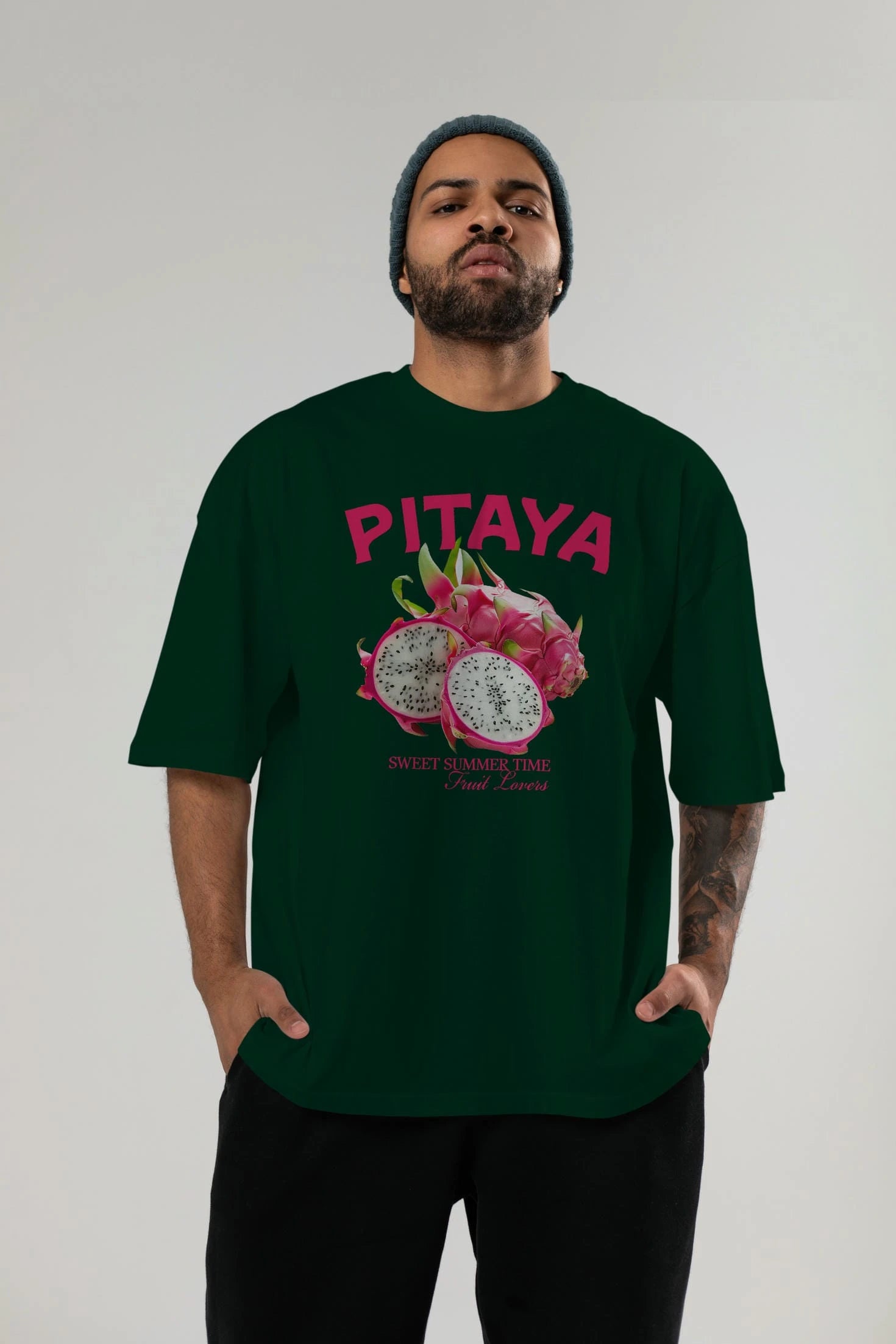 Pitaya Ön Baskılı Oversize t-shirt Erkek Kadın Pamuk Bisiklet Yaka tişort