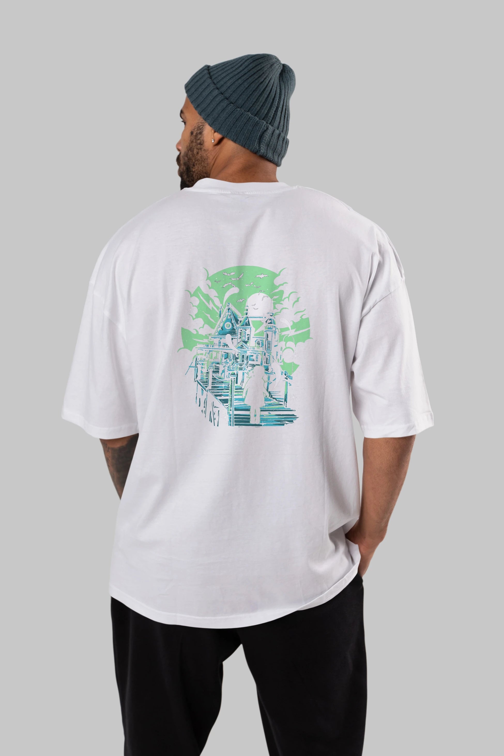 Haunted House Arka Baskılı Oversize t-shirt Erkek Kadın Unisex %100 Pamuk