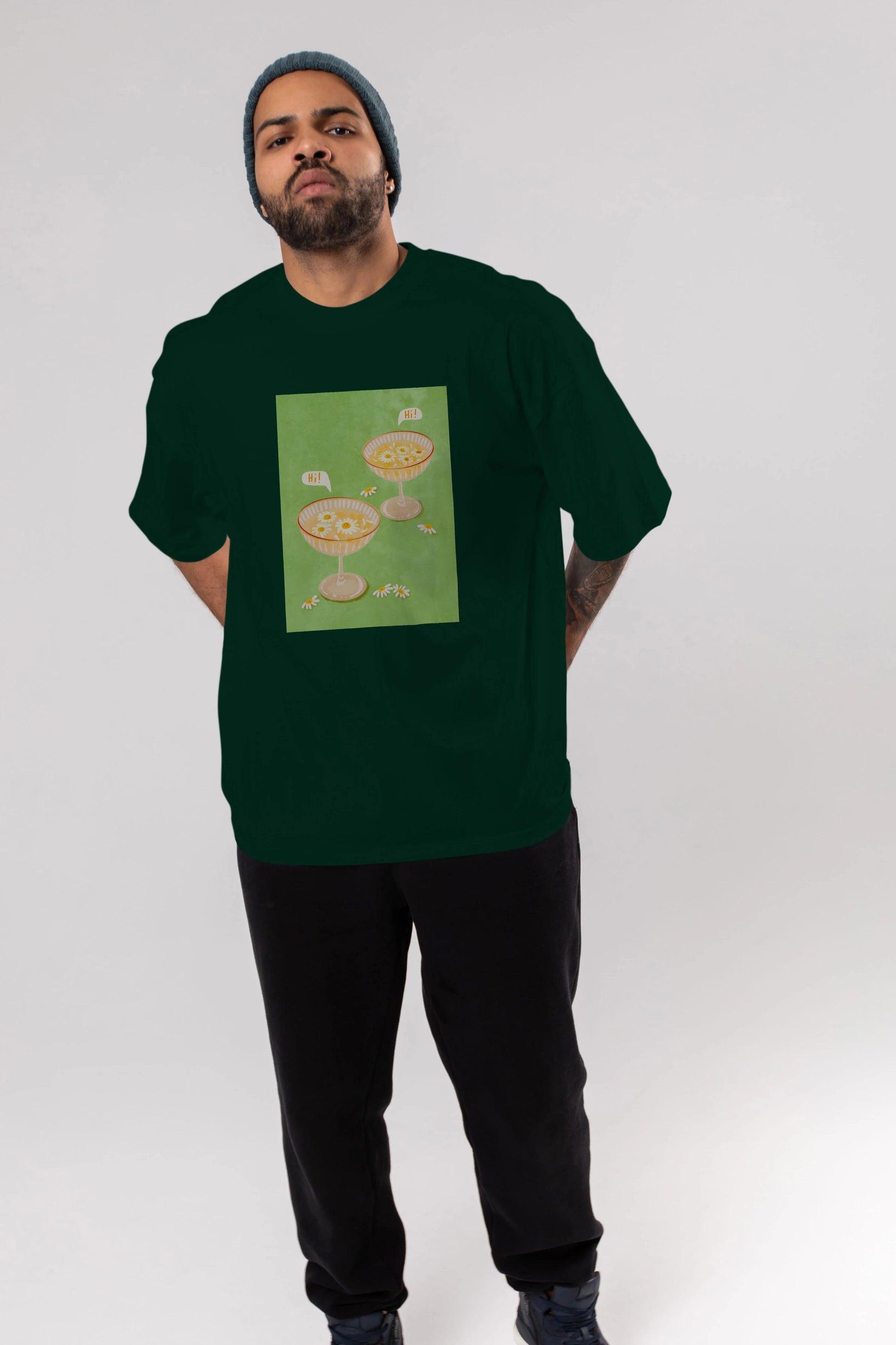 Hi Cheers Ön Baskılı Oversize t-shirt Erkek Kadın Unisex %100 Pamuk Bisiklet Yaka tişort