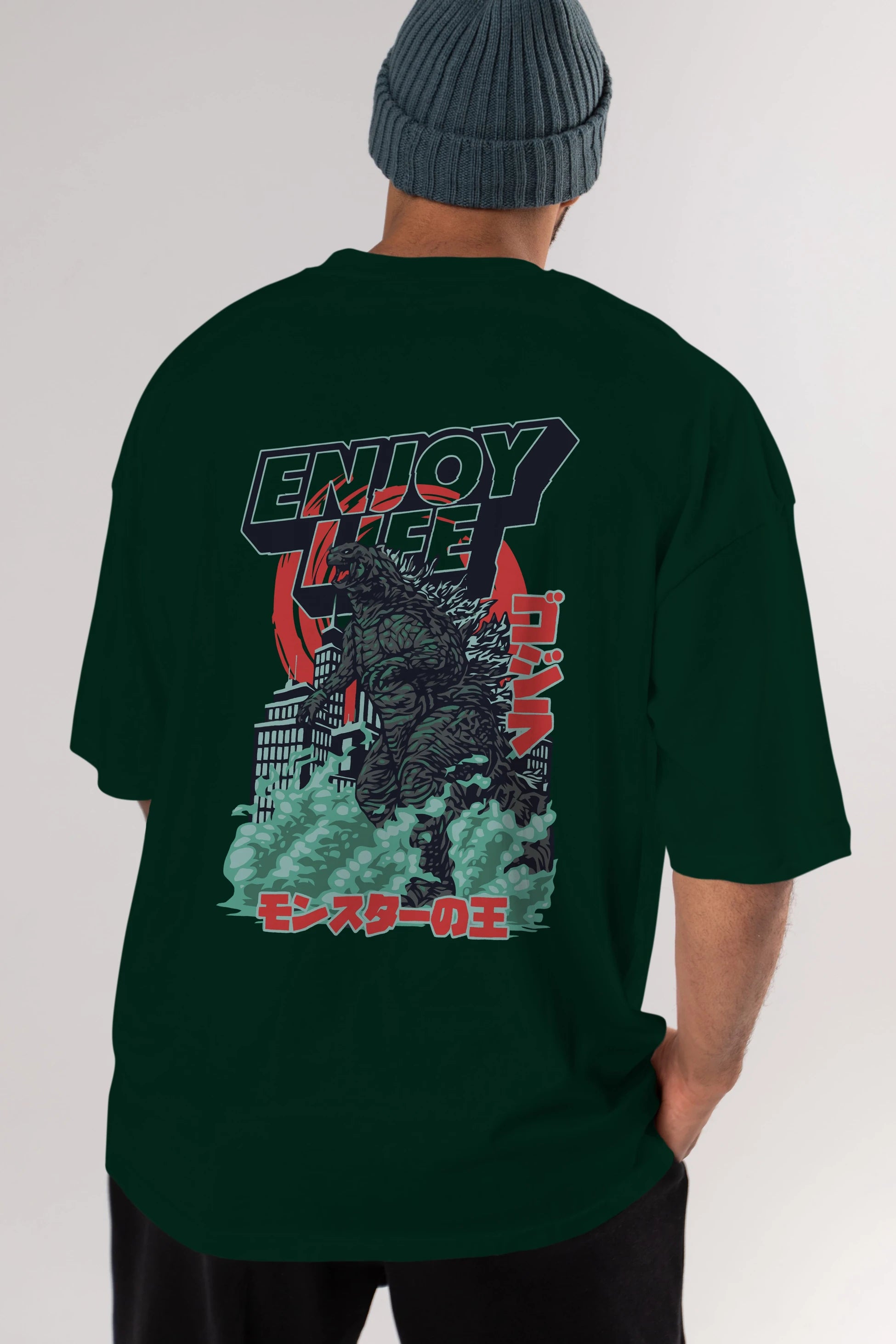 Godzilla Arka Baskılı Oversize t-shirt Erkek Kadın Unisex %100 Pamuk Bisiklet Yaka tişort