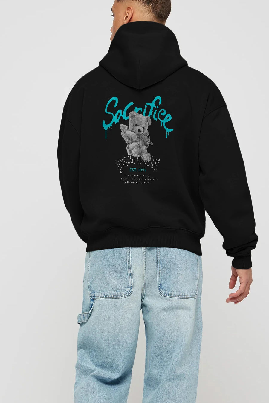 Sacrifice Yourself Bear Arka Baskılı Hoodie Oversize Kapüşonlu Sweatshirt Erkek Kadın Unisex