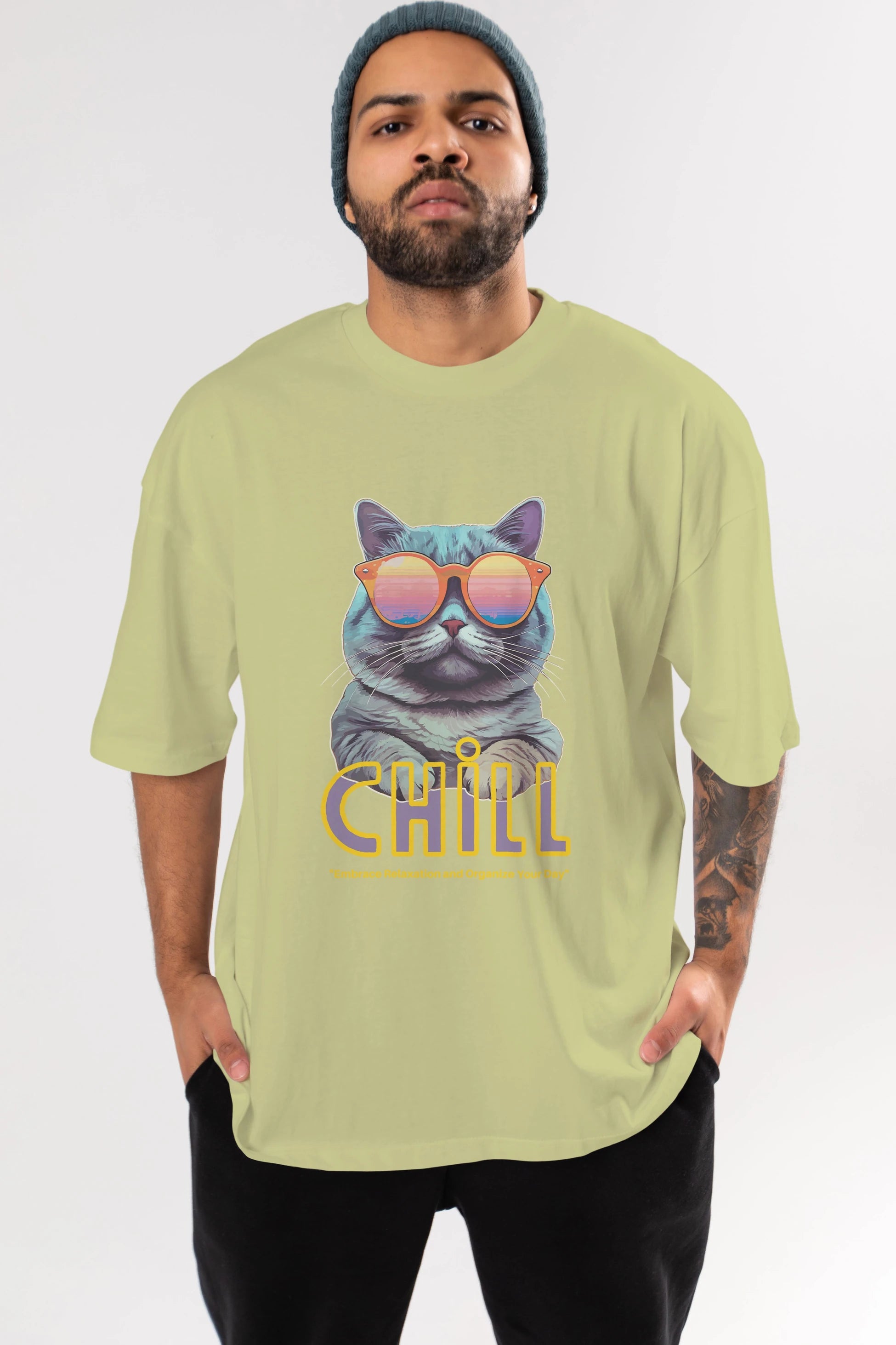 Chill Cat Ön Baskılı Oversize t-shirt Erkek Kadın Unisex