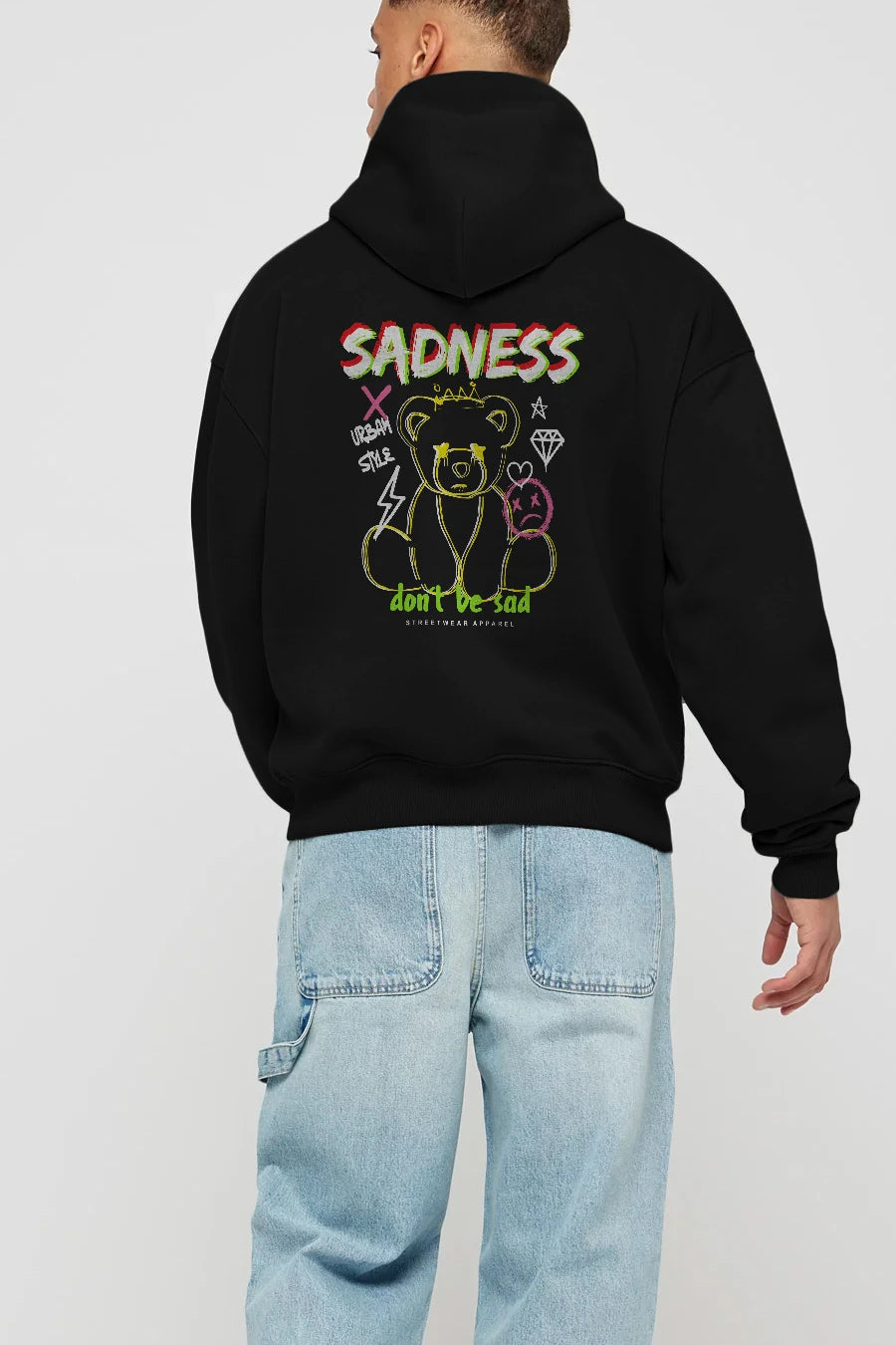 Teddy Bear Sadness Arka Baskılı Hoodie Oversize Kapüşonlu Sweatshirt Erkek Kadın Unisex