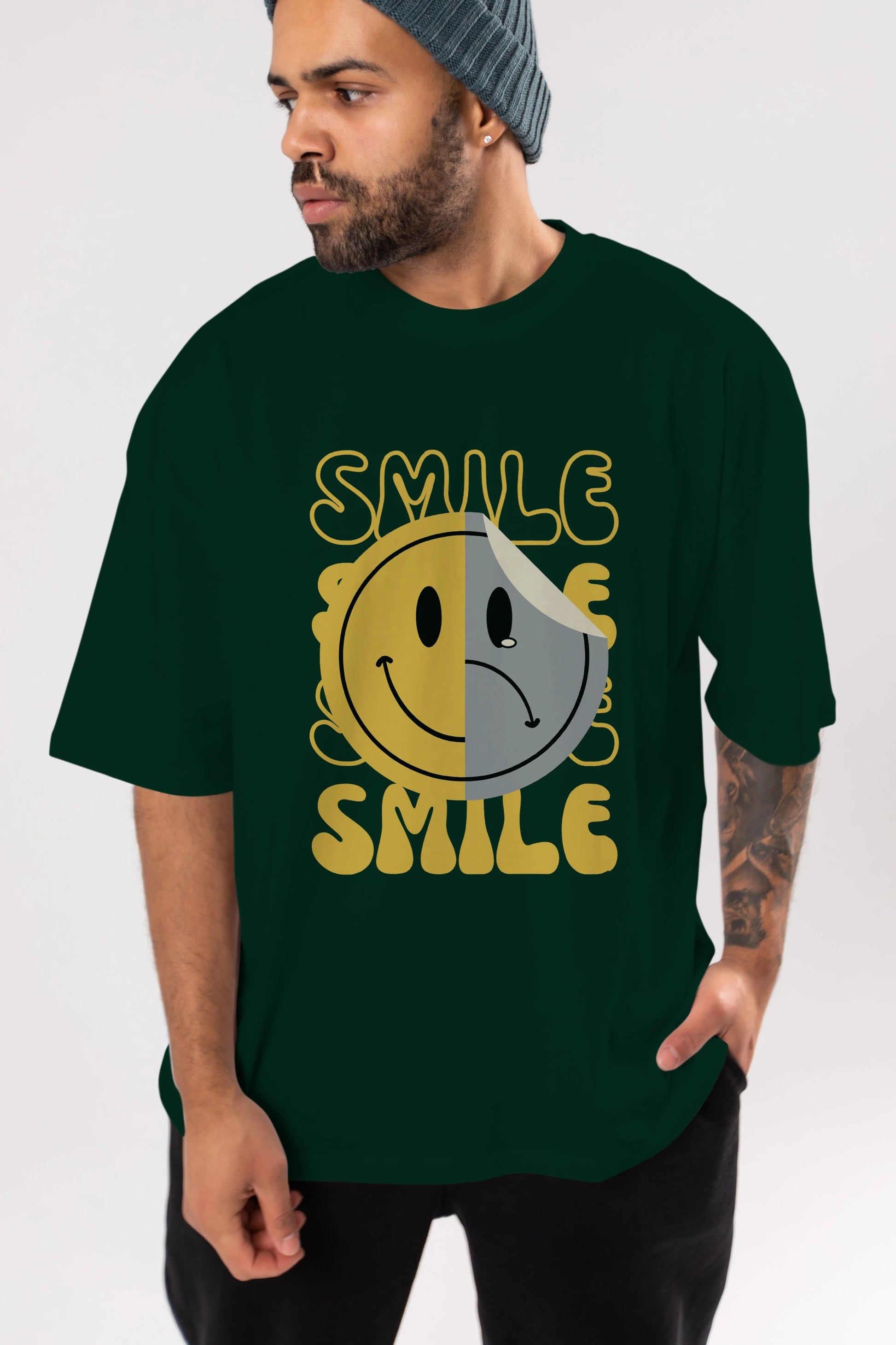 Smile Yazılı Ön Baskılı Oversize t-shirt Erkek Kadın Unisex