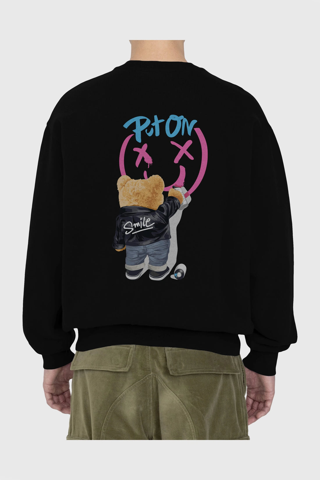 Put on Smile Bear Arka Baskılı Oversize Sweatshirt Erkek Kadın Unisex