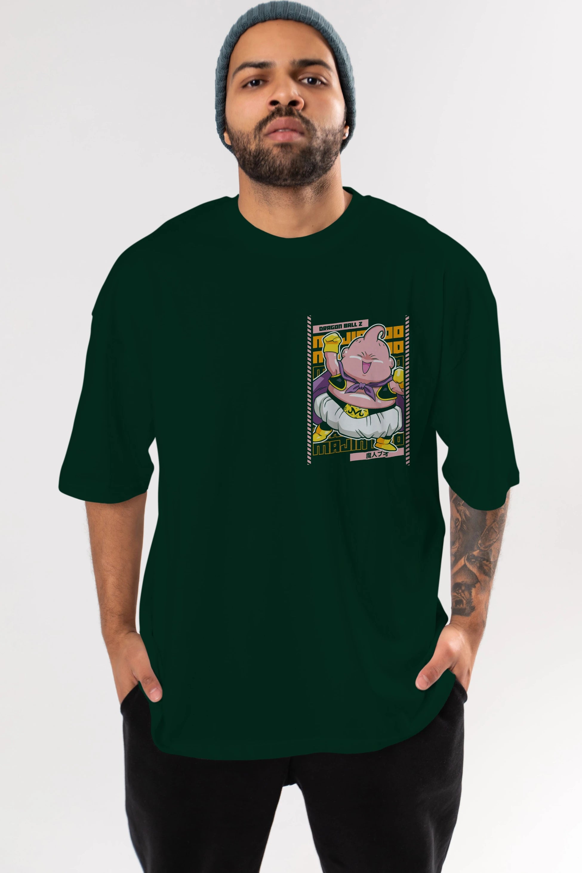 MAJIN BOO1 Ön Sol Baskılı Oversize t-shirt Erkek Kadın Unisex %100 Pamuk Bisiklet Yaka tişort