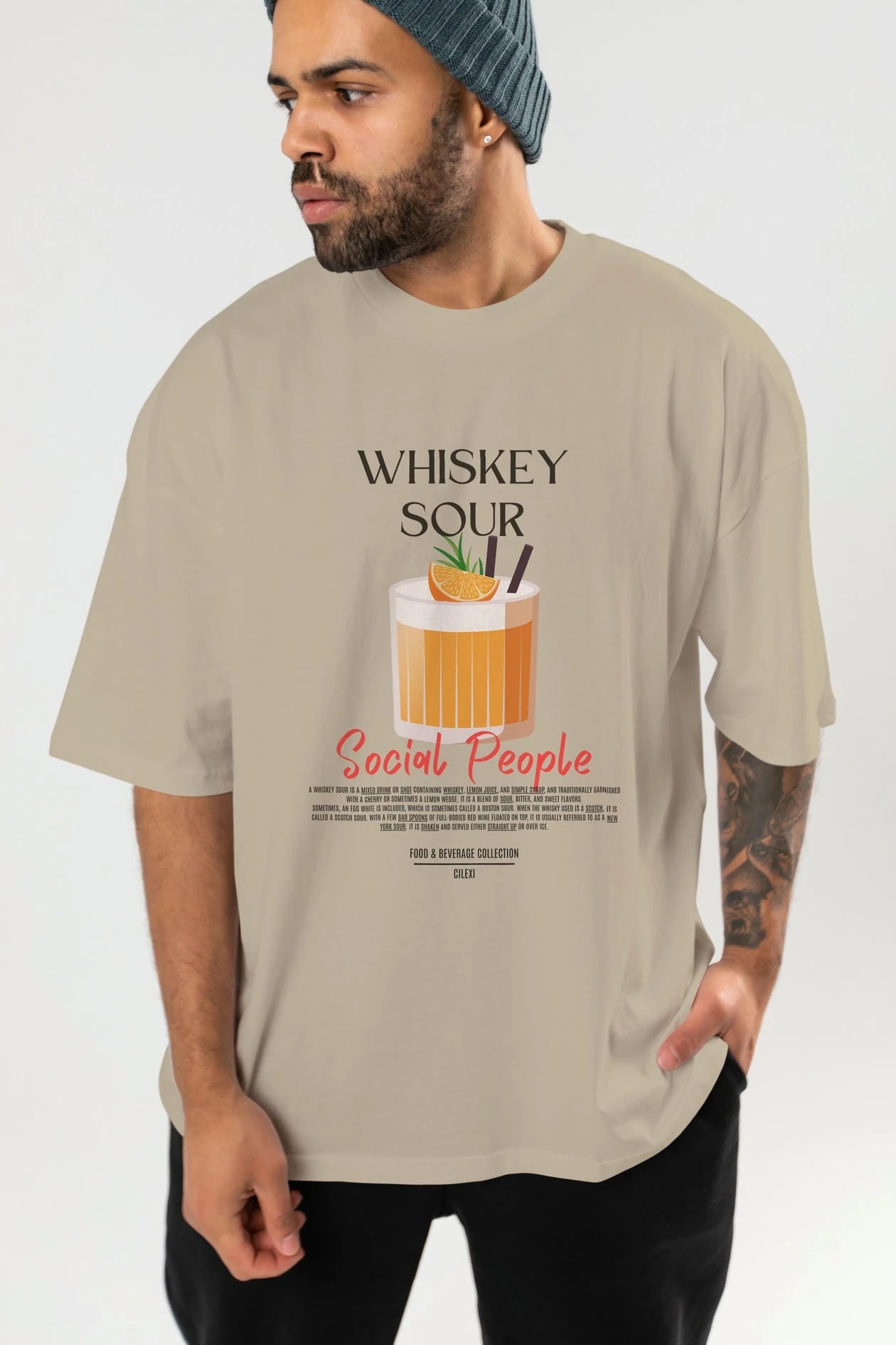Whıskey Sour Kokteyl Serisi ön Baskılı Oversize t-shirt Erkek Kadın %100 Pamuk Bisiklet Yaka tişort