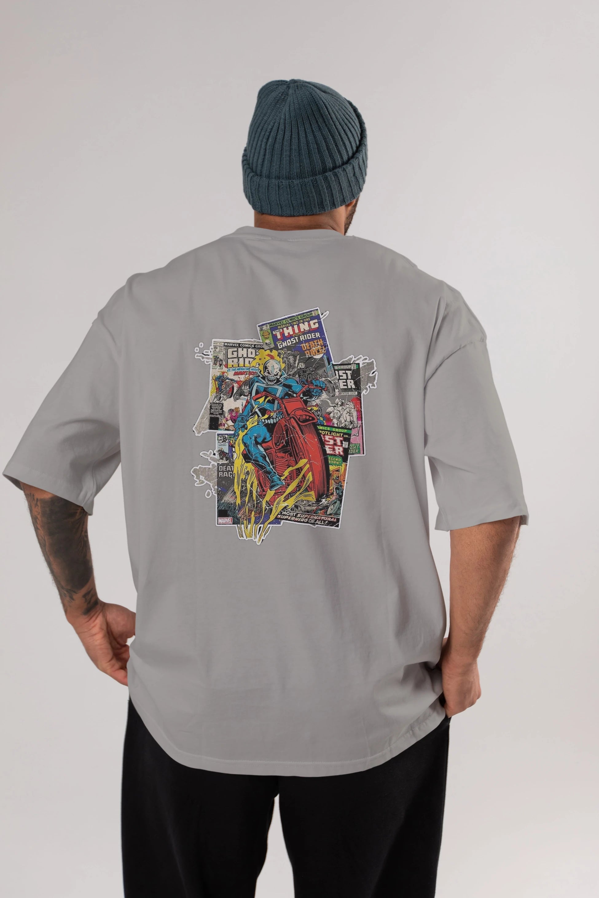 Ghost Rider Arka Baskılı Oversize t-shirt Erkek Kadın Unisex %100 Pamuk Bisiklet Yaka tişort