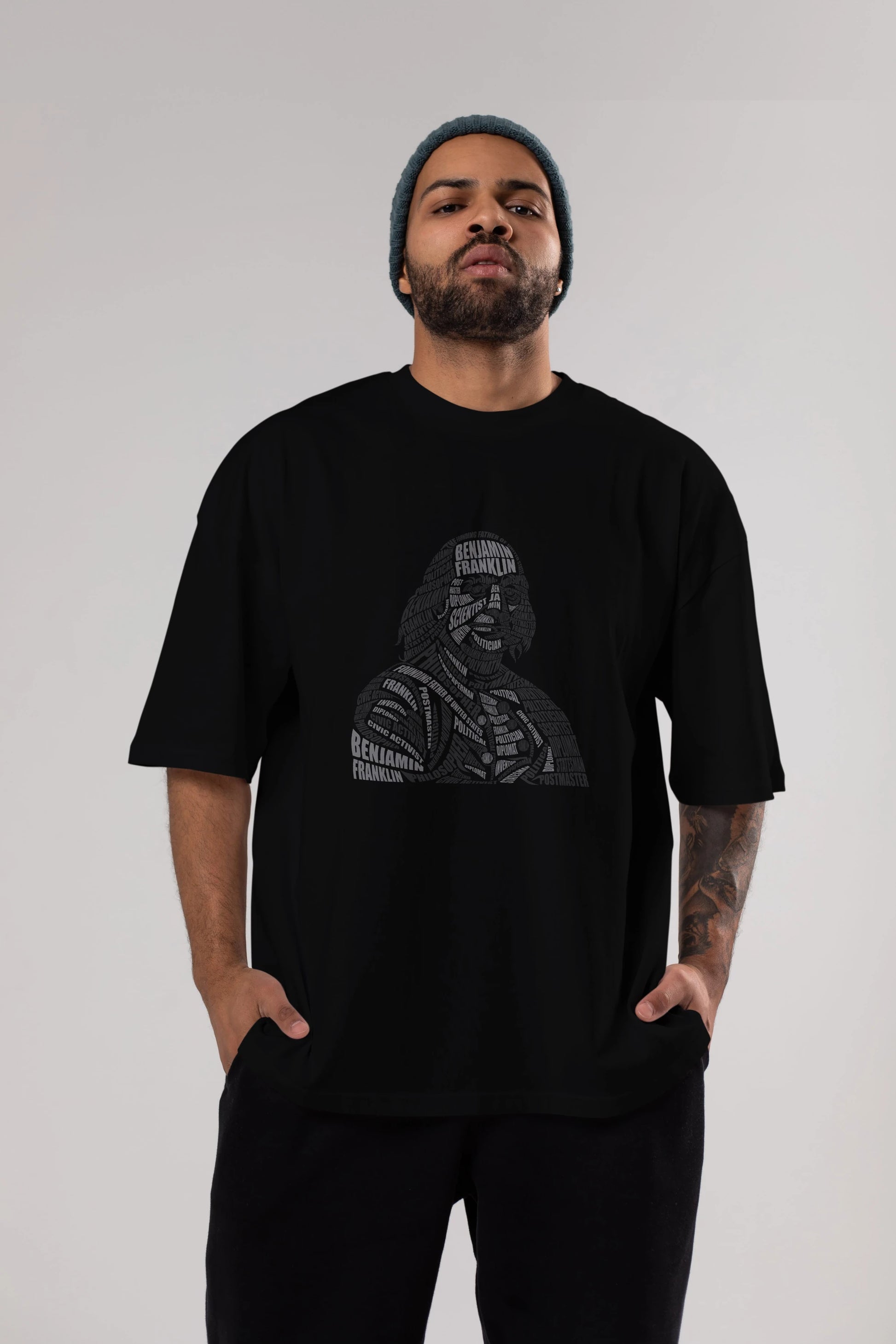 Benjamin Franklin Calligram Ön Baskılı Oversize t-shirt %100 pamuk Erkek Kadın Unisex