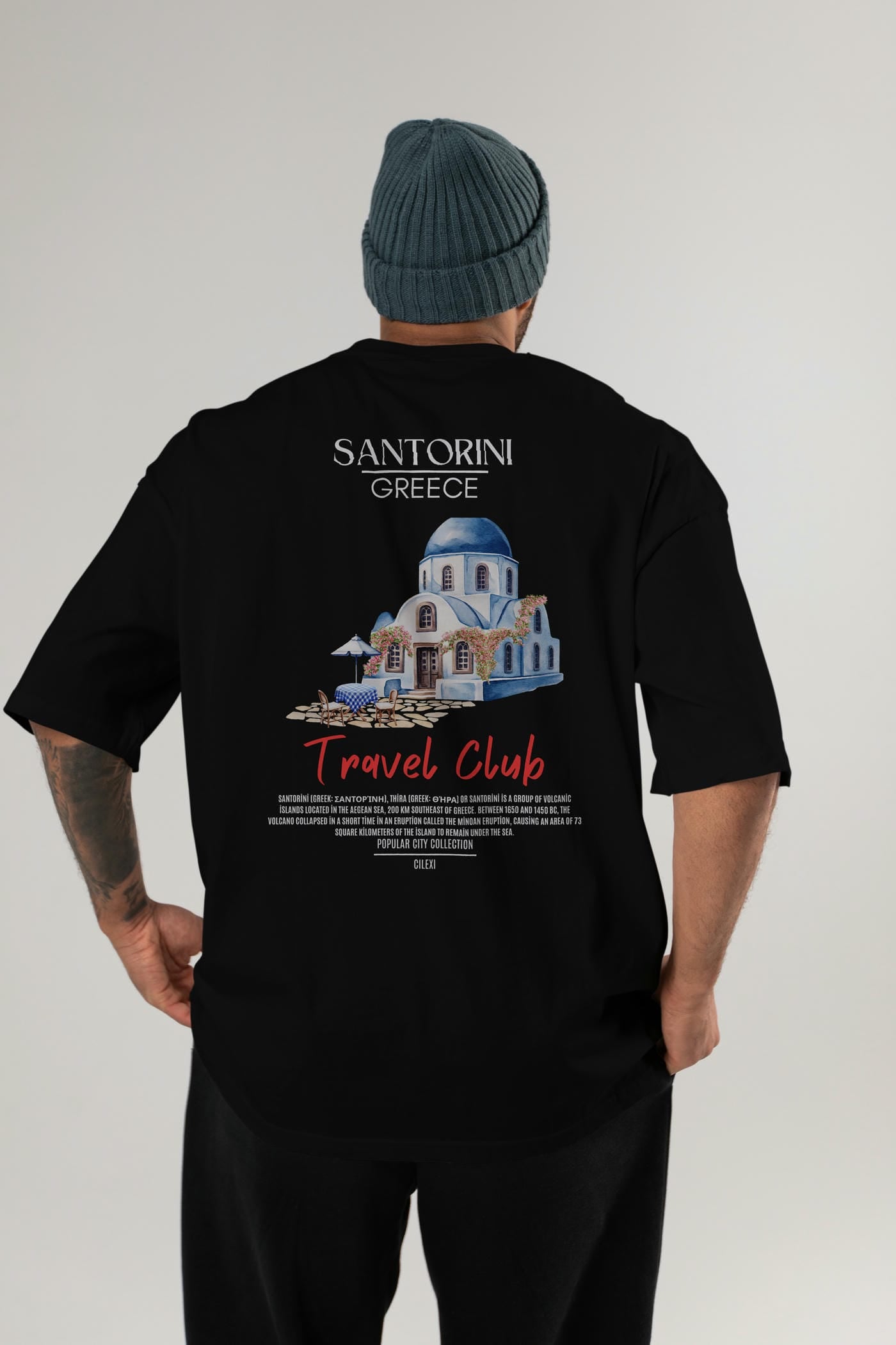 Santorini Greece Arka Baskılı Oversize t-shirt Erkek Kadın Pamuk Bisiklet Yaka tişort