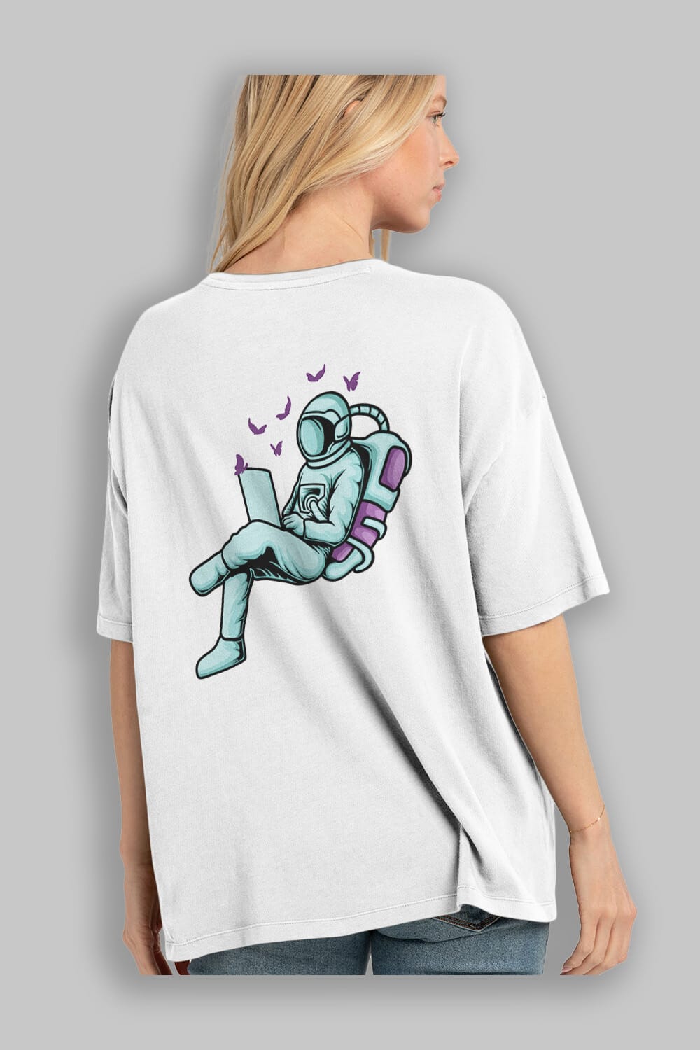 Work with Butterflies in Space Sticker Arka Baskılı Oversize t-shirt Erkek Kadın Unisex