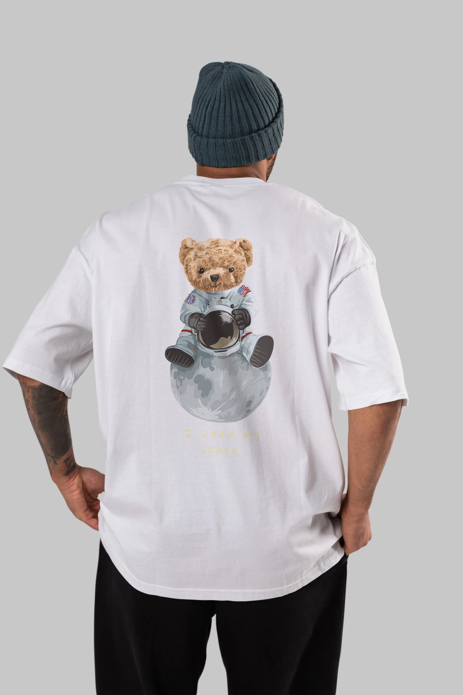 Teddy Bear I Need My Space Arka Baskılı Oversize t-shirt Erkek Kadın Unisex %100 Pamuk