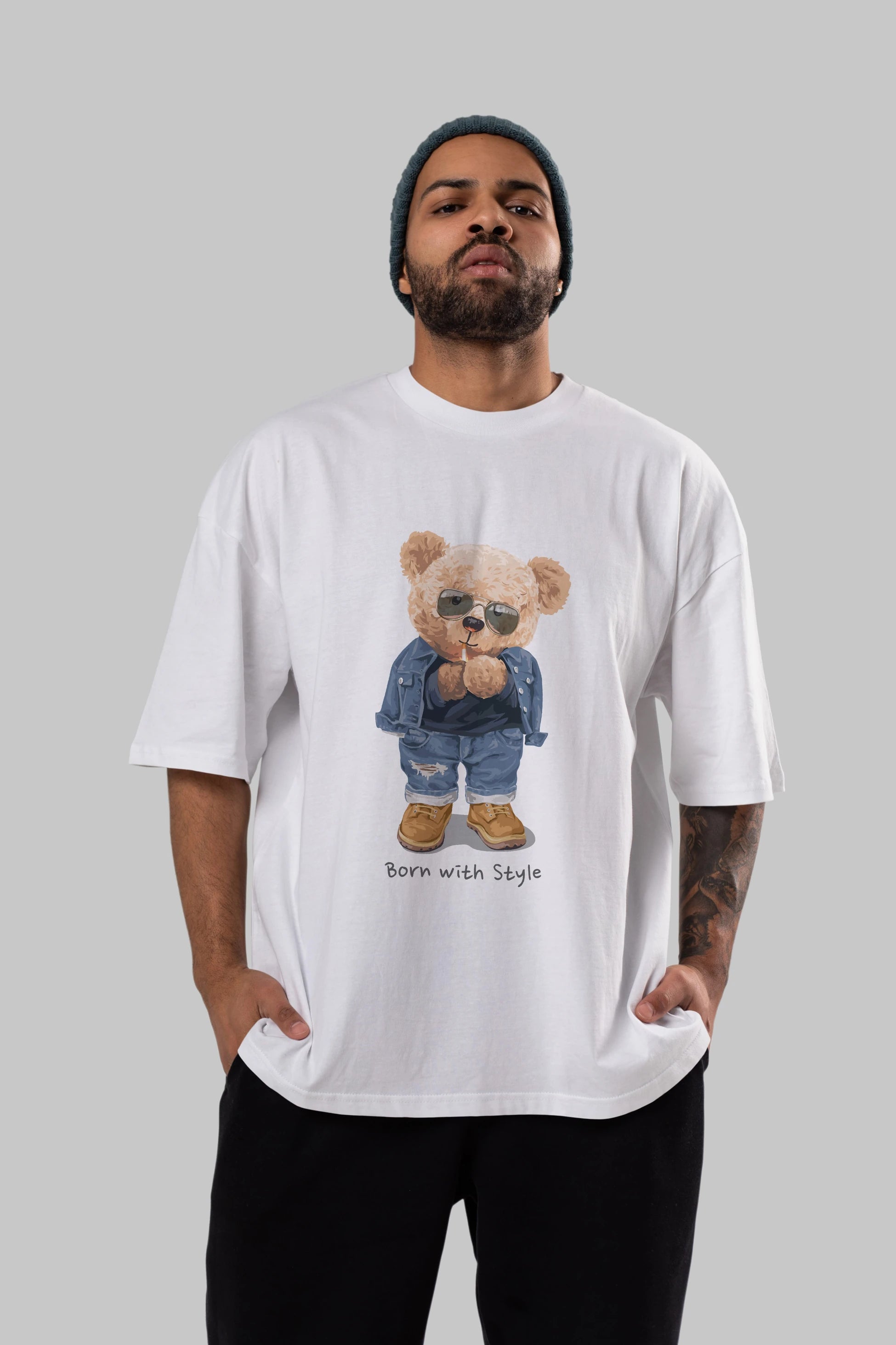 Teddy Bear Born With Style Ön Baskılı Oversize t-shirt Erkek Kadın Unisex %100 Pamuk