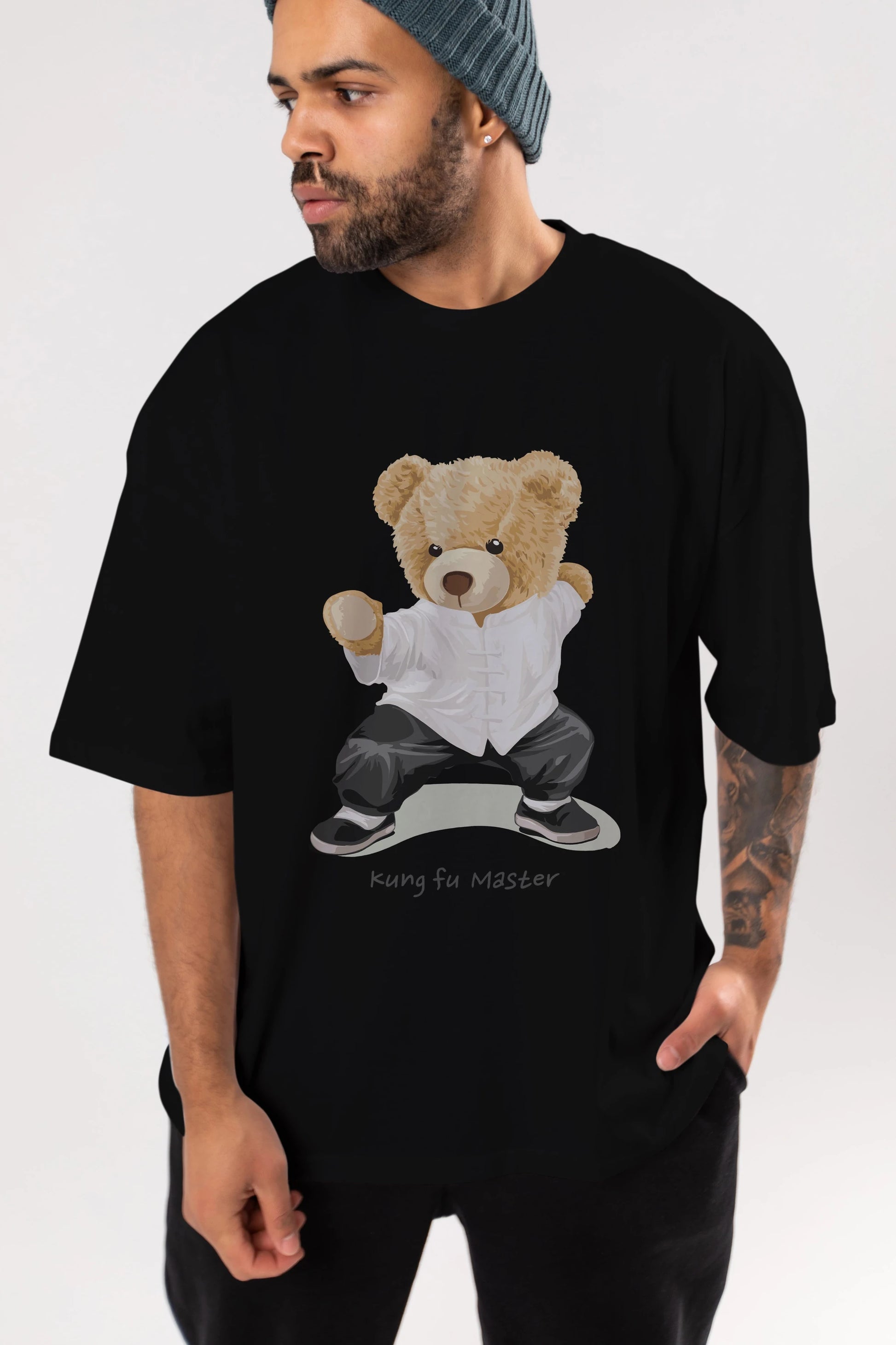 Teddy Bear Kung Fu Master Ön Baskılı Oversize t-shirt Erkek Kadın Unisex %100 Pamuk
